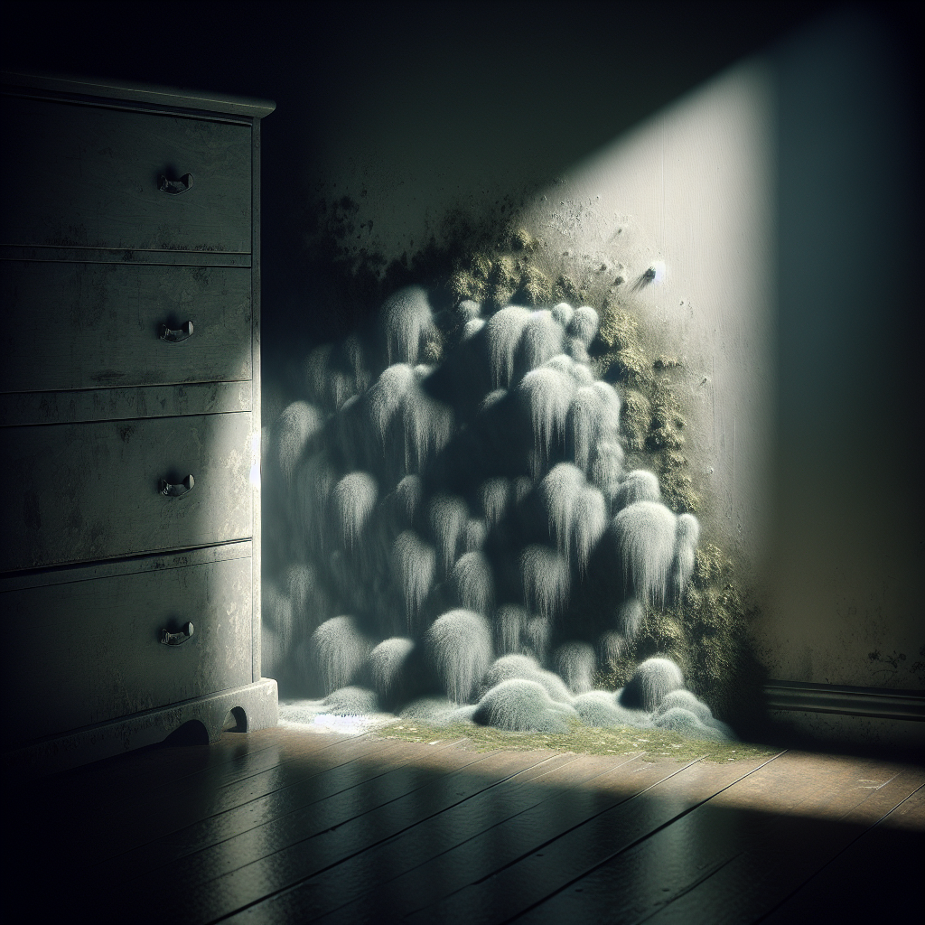 A close-up of a dimly lit, damp corner where a subtle, fuzzy patch of mold is barely visible on a wall behind a piece of furniture. A translucent, slightly greenish-grey, musty vapor visually emanates from the mold, subtly filling the air and conveying an unpleasant, earthy smell. The scene evokes a sense of a hidden problem and early detection. Realistic, moody lighting, detailed.