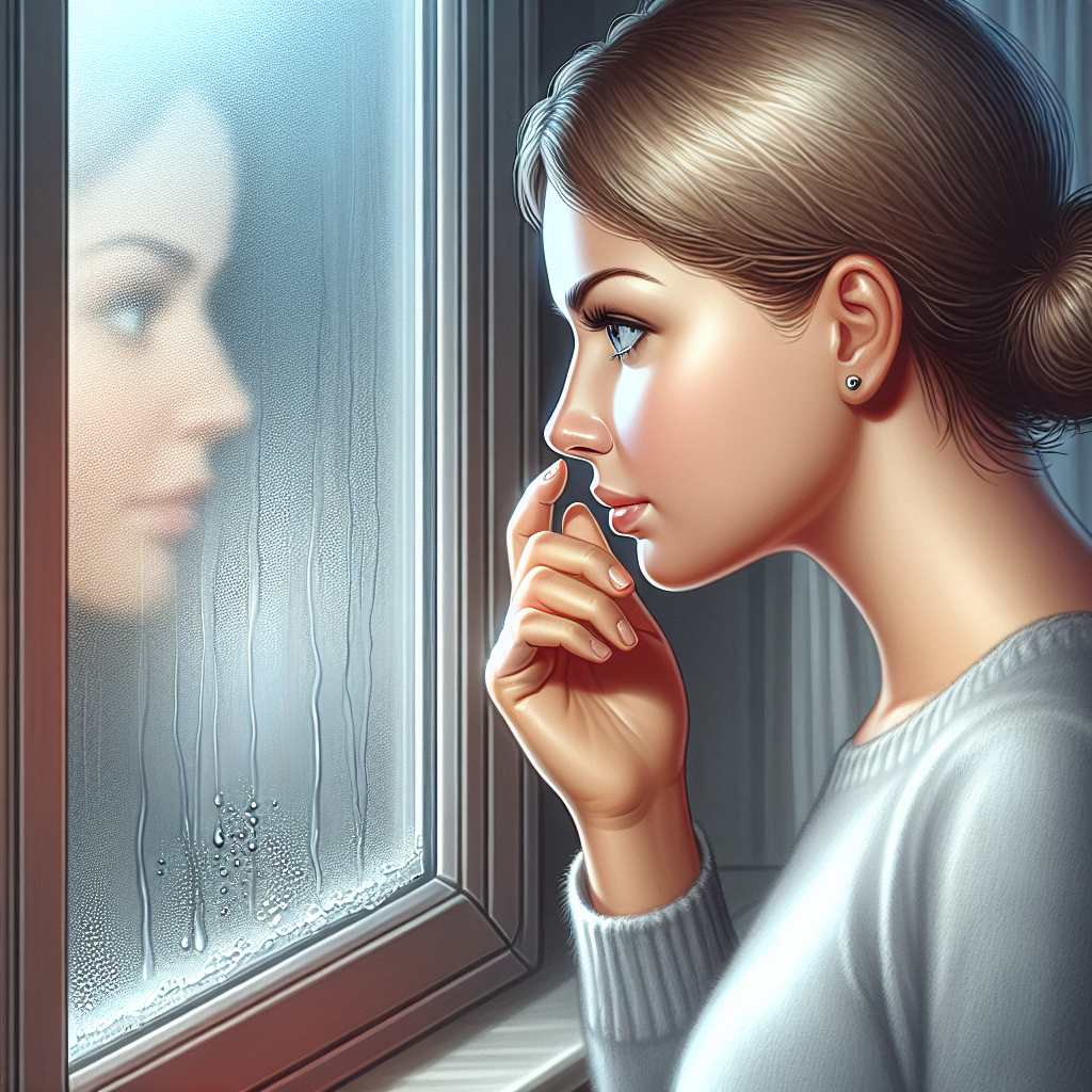 A person with a slightly concerned expression, subtly sniffing the air near a damp-looking area, perhaps a window sill with condensation or a shadowed corner of a basement wall. The focus is on the act of recognizing a musty odor, with soft, ambient lighting highlighting the potential moisture source. Realistic, clean, slightly desaturated colors, emphasizing observation and quiet investigation.