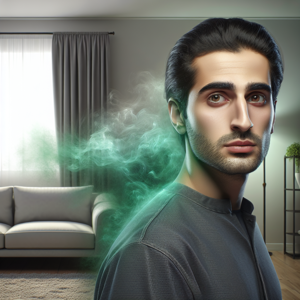 Photorealistic image of a person, subtly wrinkling their nose or looking with a concerned expression, in a seemingly clean but slightly shadowed living room. A very faint, almost imperceptible greenish-brown ethereal mist subtly emanates from behind a piece of furniture or from a wall corner, representing the unseen, unpleasant mold smell. The atmosphere is quiet and slightly unsettling, highlighting a hidden warning.