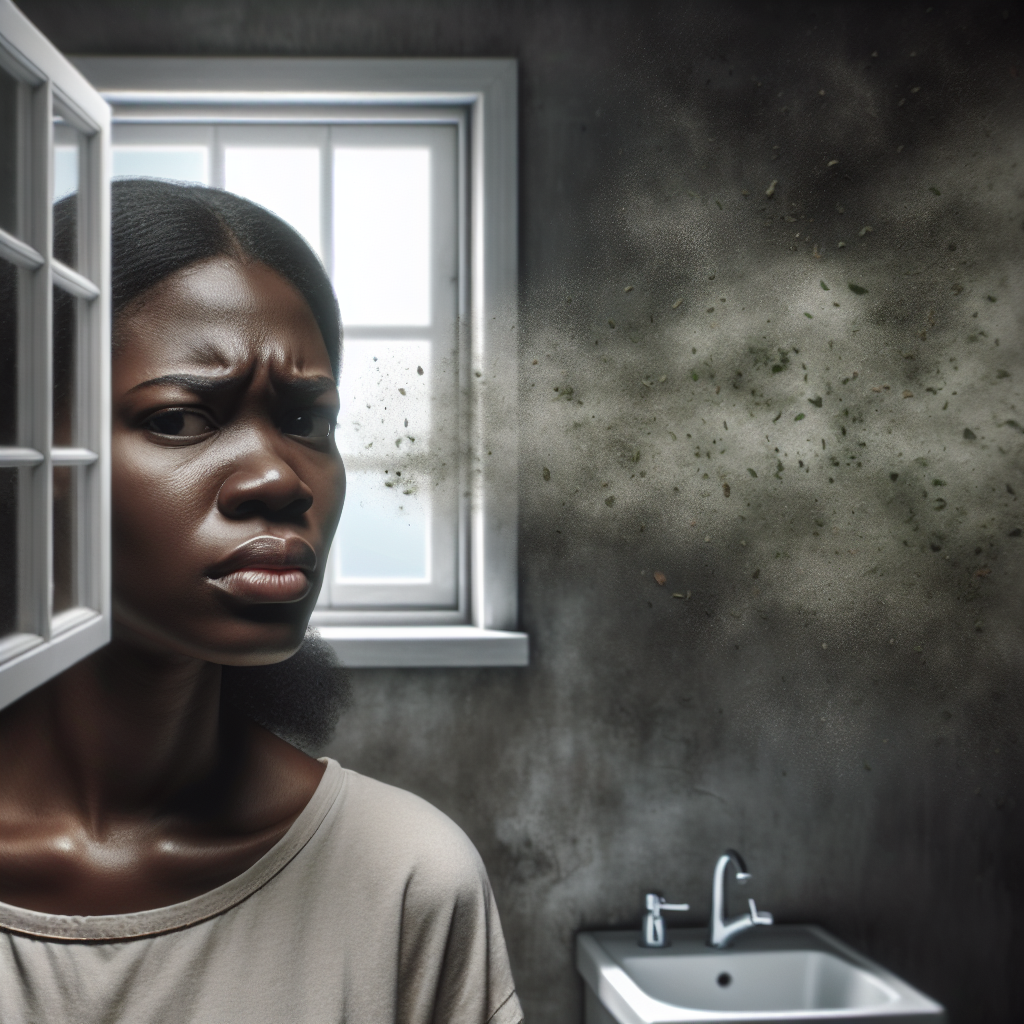 A person with a slightly frustrated expression, standing in a dim, clean-looking room (like a basement or bathroom) with a window open, trying to air it out. Despite their efforts, a subtle, almost palpable sense of a lingering, musty mold smell hangs in the air, visually represented by faint, swirling, greenish-brown atmospheric particles. The person is looking thoughtful and a bit overwhelmed.
