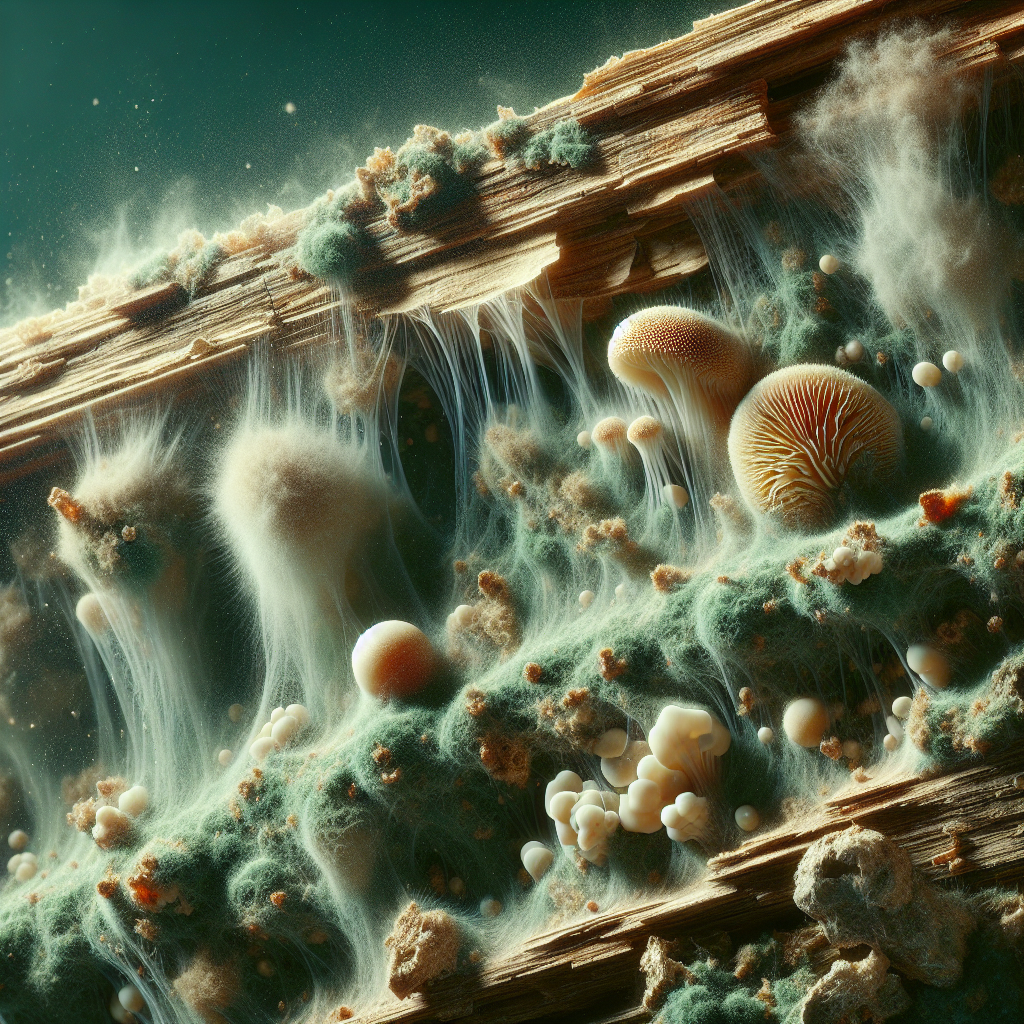 A close-up, highly detailed and slightly abstract image illustrating microscopic mold spores and mycotoxins deeply embedded within porous materials like the grains of an old wooden beam, the fibers of a textile, and under a slightly peeling piece of wallpaper. A subtle, translucent, greenish-brown vapor or wavy lines subtly emanate from these hidden structures, visually representing the persistent, unpleasant musty smell.