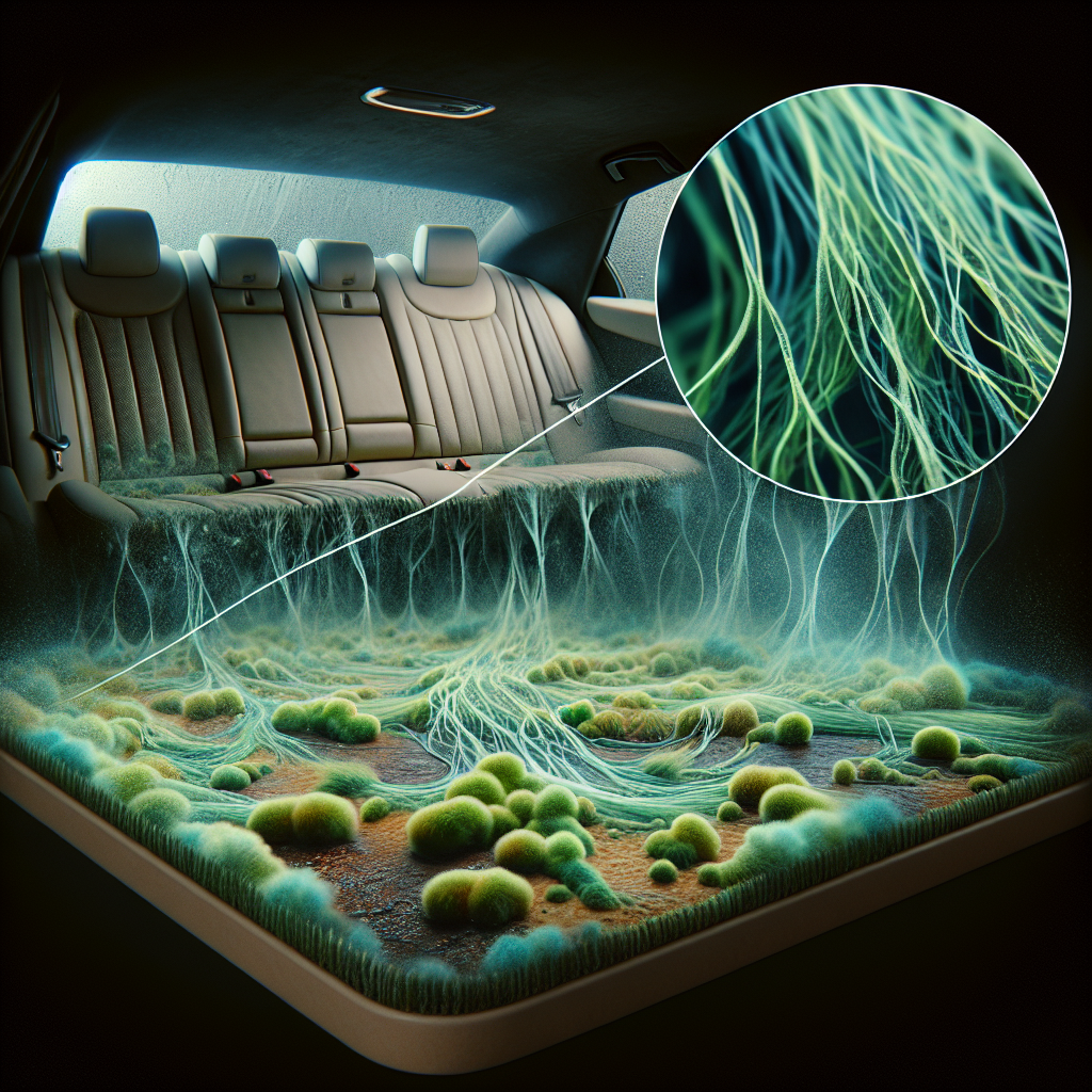 A slightly dim and humid car interior, focusing on a close-up of a damp car seat or floor mat with subtle, wispy green mold growing on the fabric. Faint, wavy lines emanate from the affected area, visually representing an unpleasant, musty odor. High detail, realistic photography.