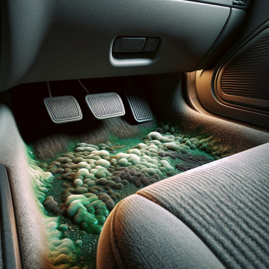 A close-up of a car's interior, showing damp, slightly stained floor mats and a subtle greenish tint on fabric surfaces, hinting at a pervasive mold smell. The lighting is slightly dim, conveying a neglected and unpleasant atmosphere. Realistic, photographic style.