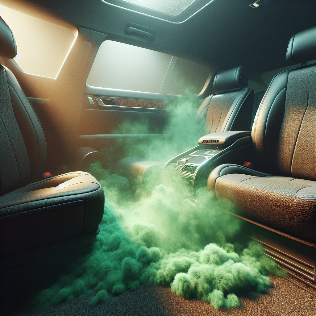 A car interior, slightly dark and humid, with a subtle, unpleasant green-brown misty odor visibly emanating from damp car carpets and seats. The atmosphere feels stale and uninviting, conveying a strong musty mold smell. Realistic, cinematic style, focusing on the unseen problem.