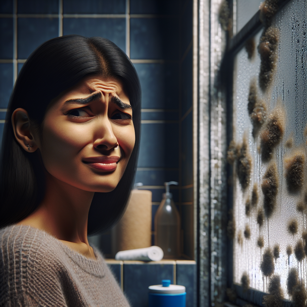 A person with a slightly disgusted expression, subtly reacting to a musty, moldy odor in a damp bathroom. The scene features condensation on a mirror or tiles, and a general sense of humidity. The lighting is dim, creating an uncomfortable atmosphere. High detail, photorealistic.