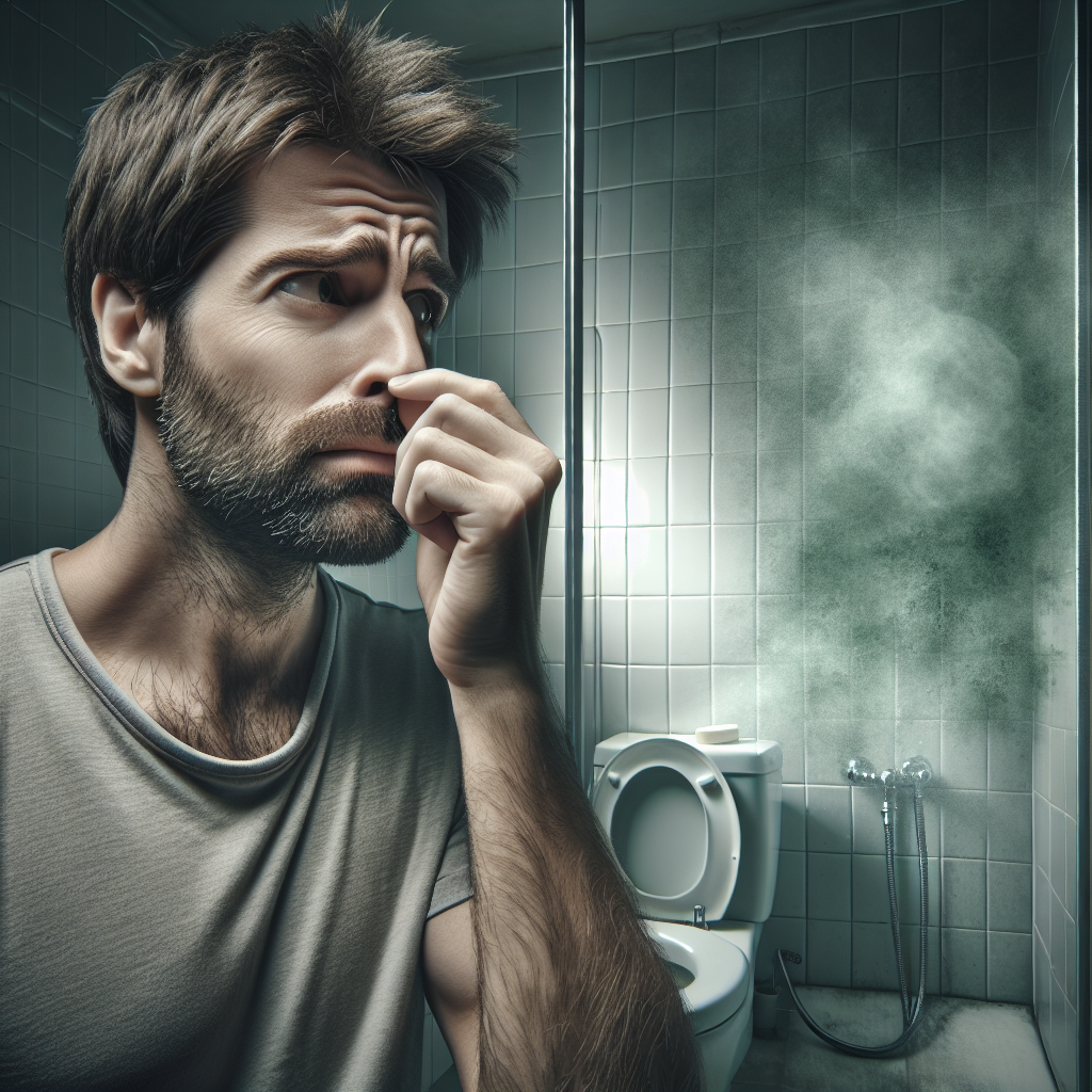 An atmospheric, realistic image of a person standing in a bathroom, subtly holding their nose or showing a slight look of discomfort. A visible, soft, greyish-green, musty vapor or haze seems to emanate from a hidden corner near the shower or behind the toilet, symbolizing the unpleasant 'Schimmelgeruch' (mold smell). The bathroom appears slightly damp, with muted lighting. Emphasize the pervasive, invisible nature of the smell.