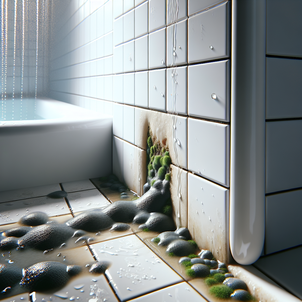 A detailed close-up shot of a problematic area in a bathroom. Focus on the damp grout lines between white tiles in a shower, with subtle black or green mold spots beginning to appear in the crevices. Water droplets glisten on the tiles. A partially peeling silicone joint next to a bathtub subtly reveals darker, hidden mold underneath, hinting at the deeper causes described in the article. The lighting is soft but reveals textures clearly. Realistic, high-resolution.