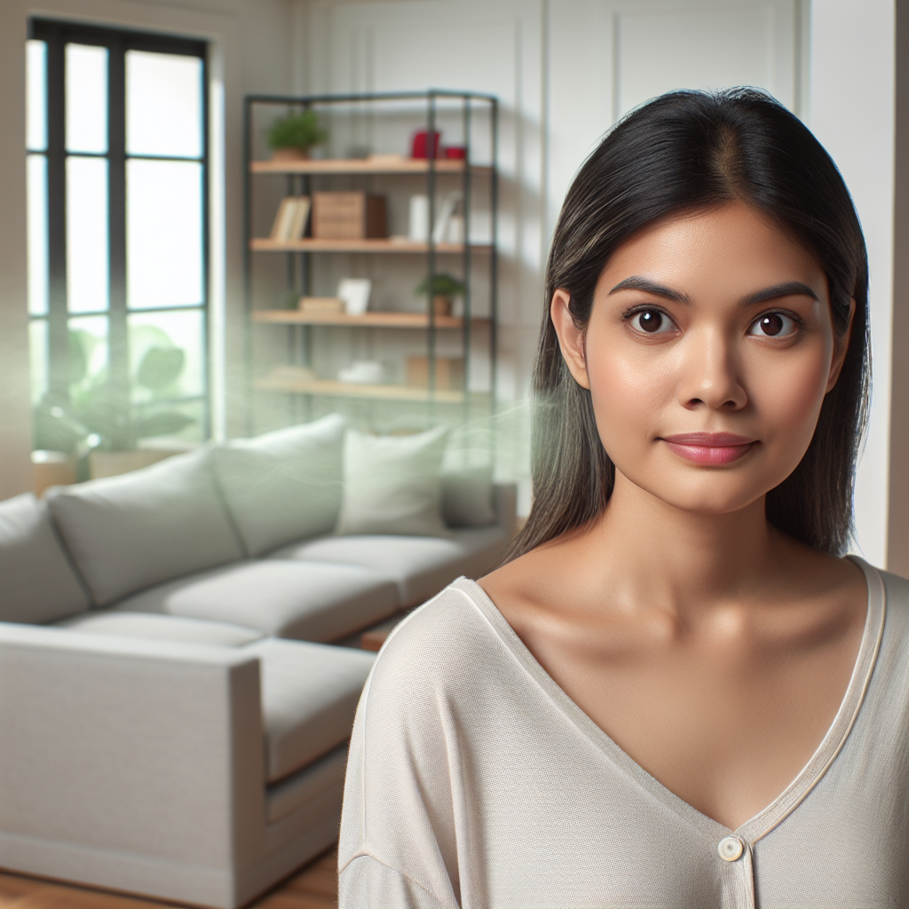 A person, perhaps a woman or man in their 30s-40s, stands in a modern, clean living room. Their expression shows a subtle hint of discomfort or concern, as they slightly wrinkle their nose, suggesting an unpleasant smell. From a less visible corner of the room, like behind a large sofa or a bookshelf, a faint, translucent, grayish-green mist or wavy lines are subtly rising, symbolizing the 'muffige Geruch' (musty smell). The lighting is soft and natural, emphasizing the feeling of detecting something unseen. Realistic, photographic style.