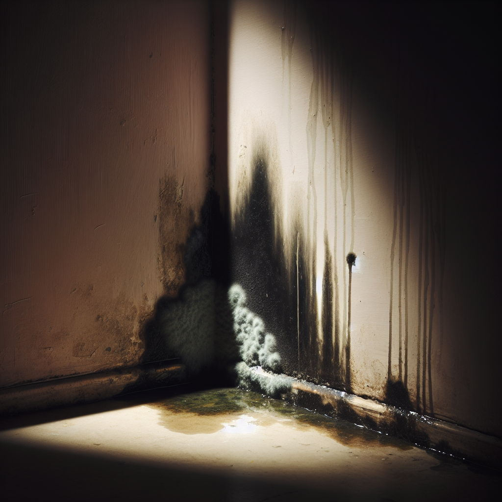 An atmospheric close-up shot of a damp, neglected corner in a residential interior, perhaps a basement or a bathroom wall behind a cabinet. There are visible signs of moisture, such as a dark, wet patch on the plaster or a water stain slowly spreading. In the shadows of this damp area, a subtle, fuzzy patch of greenish-black mold is barely visible on the wall, representing the hidden origin of the 'Schimmelgeruch' (mold smell). The image conveys a sense of hidden problem and mustiness, with slightly dim, realistic lighting.