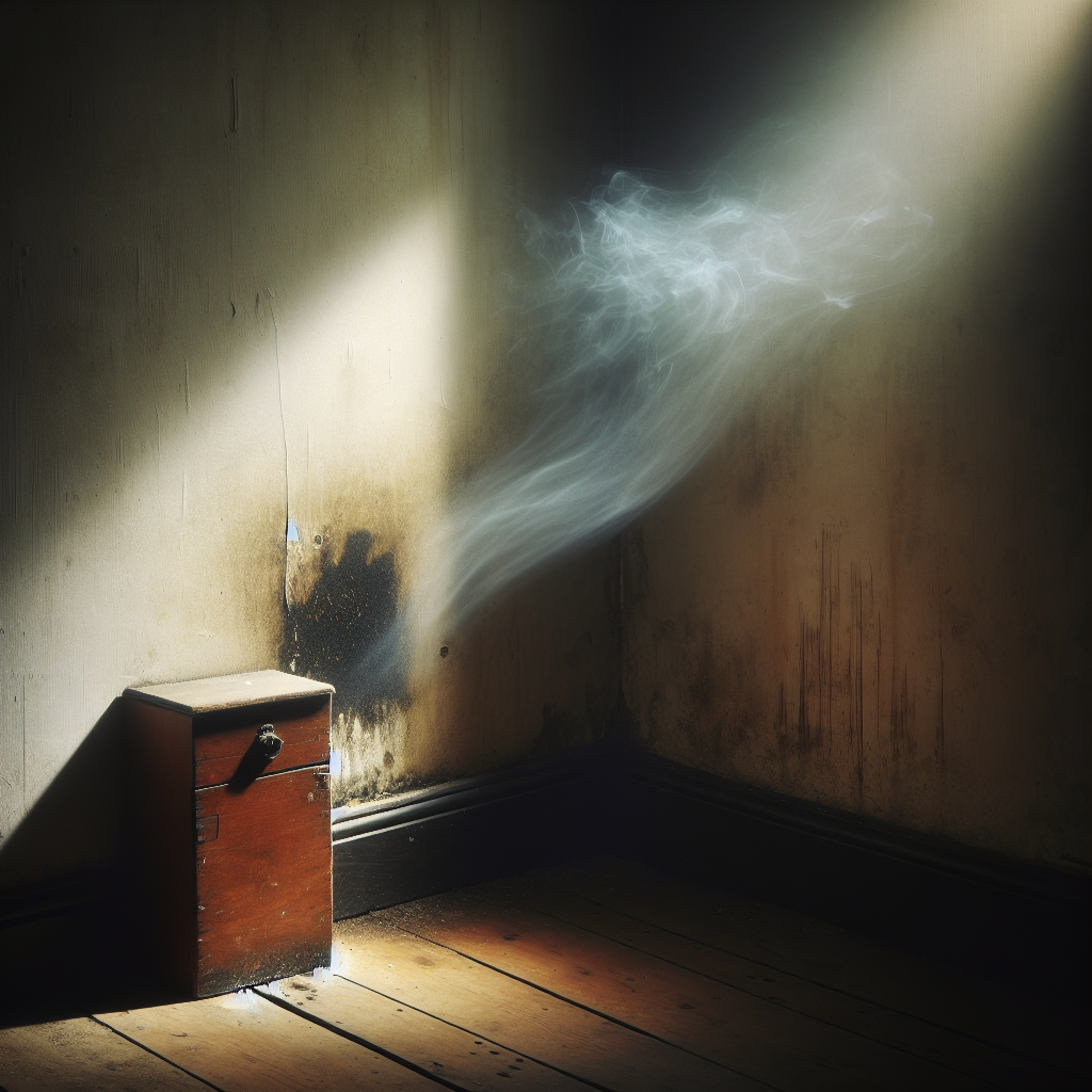 A subtly unsettling image of a damp, slightly neglected corner of an older home. A shadowy, blurred patch on a wall behind a piece of furniture hints at hidden moisture or mold. A faint, almost visible musty odor (represented by a wispy, earthy-toned mist) subtly permeates the air, creating an atmosphere of discomfort. Realistic photo, soft natural light.