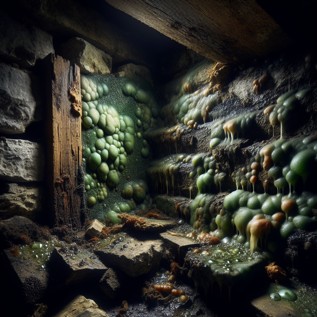 A dark, atmospheric cellar corner with prominent green and black mold patches spreading across rough stone walls and decaying wooden beams. Drops of moisture glisten, and a subtle, unpleasant greenish-brown vapor visually emanates from the mold, representing a strong musty, earthy smell. Moody, realistic lighting, highly detailed textures, cinematic style.