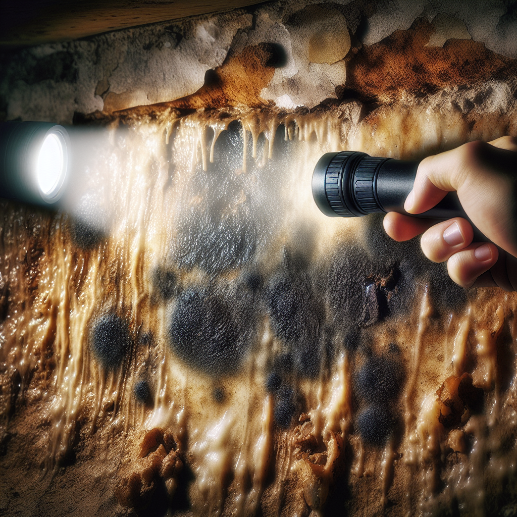 A close-up shot of a damp, stained cellar wall with peeling paint, illuminated by a focused beam from a powerful flashlight held by an unseen person. The light highlights dark moisture marks and early signs of mold growth (small dark spots), indicating a hidden problem. The scene conveys a sense of careful inspection and discovery of the source. Realistic textures, natural light.