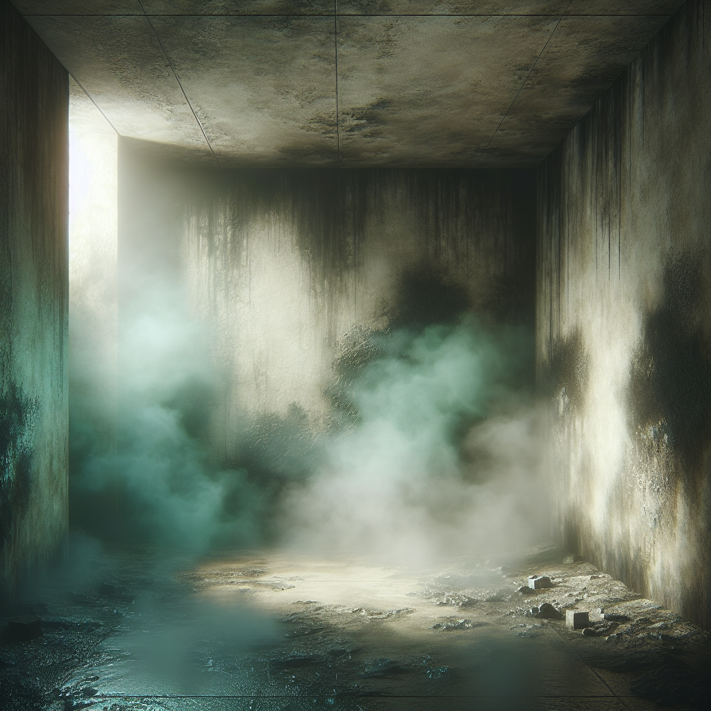 A dimly lit, damp basement corner with visible condensation on concrete walls. A subtle, almost ethereal greenish-grey mist or smoky aura hangs in the air, visually representing a strong, unpleasant moldy smell. Faint dark mold spots are visible on the surfaces, and the overall atmosphere is humid and oppressive. Realistic, slightly stylized.