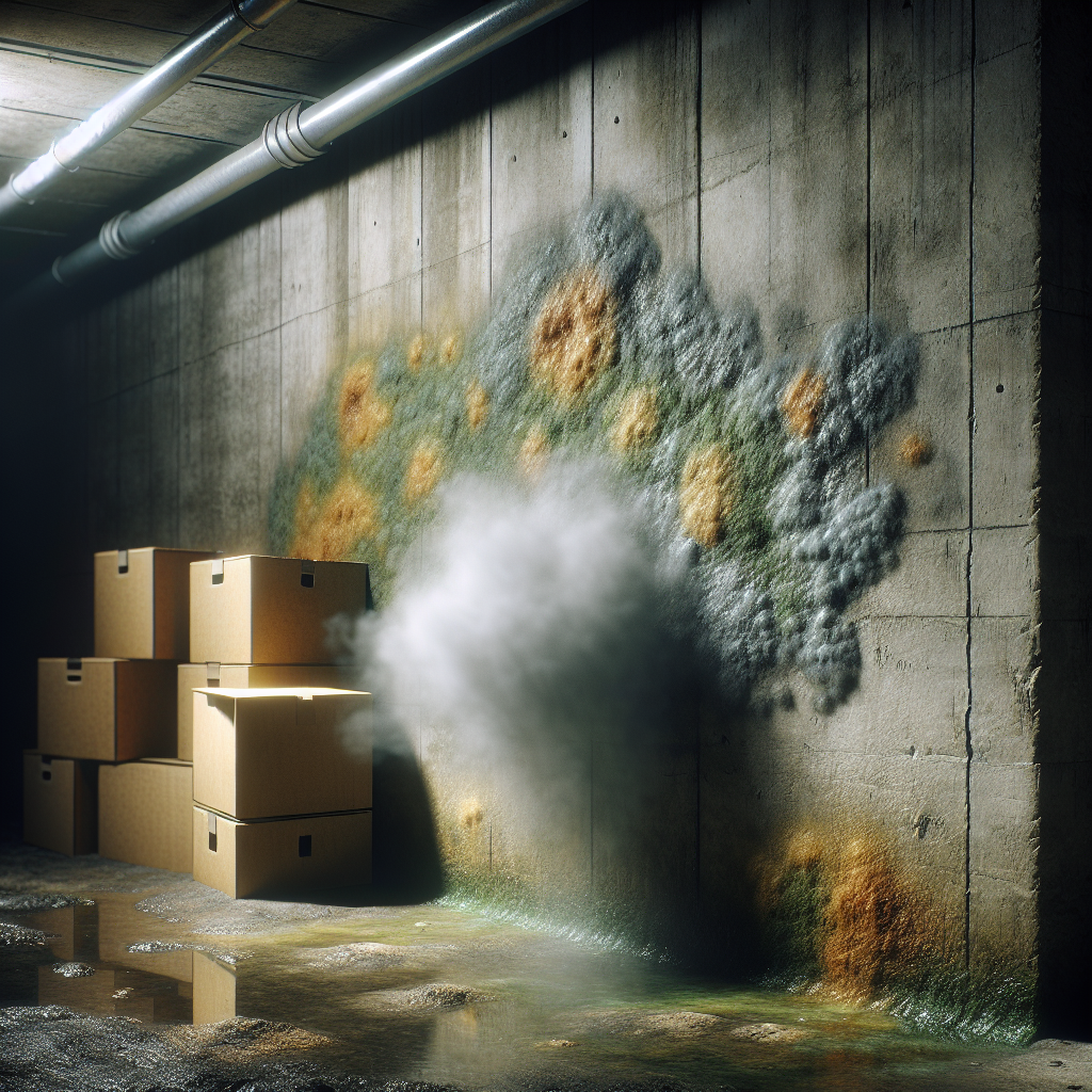A dimly lit, damp basement corner. Focus on a concrete wall with visible patches of grey and green mold. A subtle, translucent, musty-smelling vapor or 'smell cloud' is visibly emanating from the mold, filling the air. Old, slightly damp cardboard boxes are stacked nearby. Realistic photo, atmospheric lighting.
