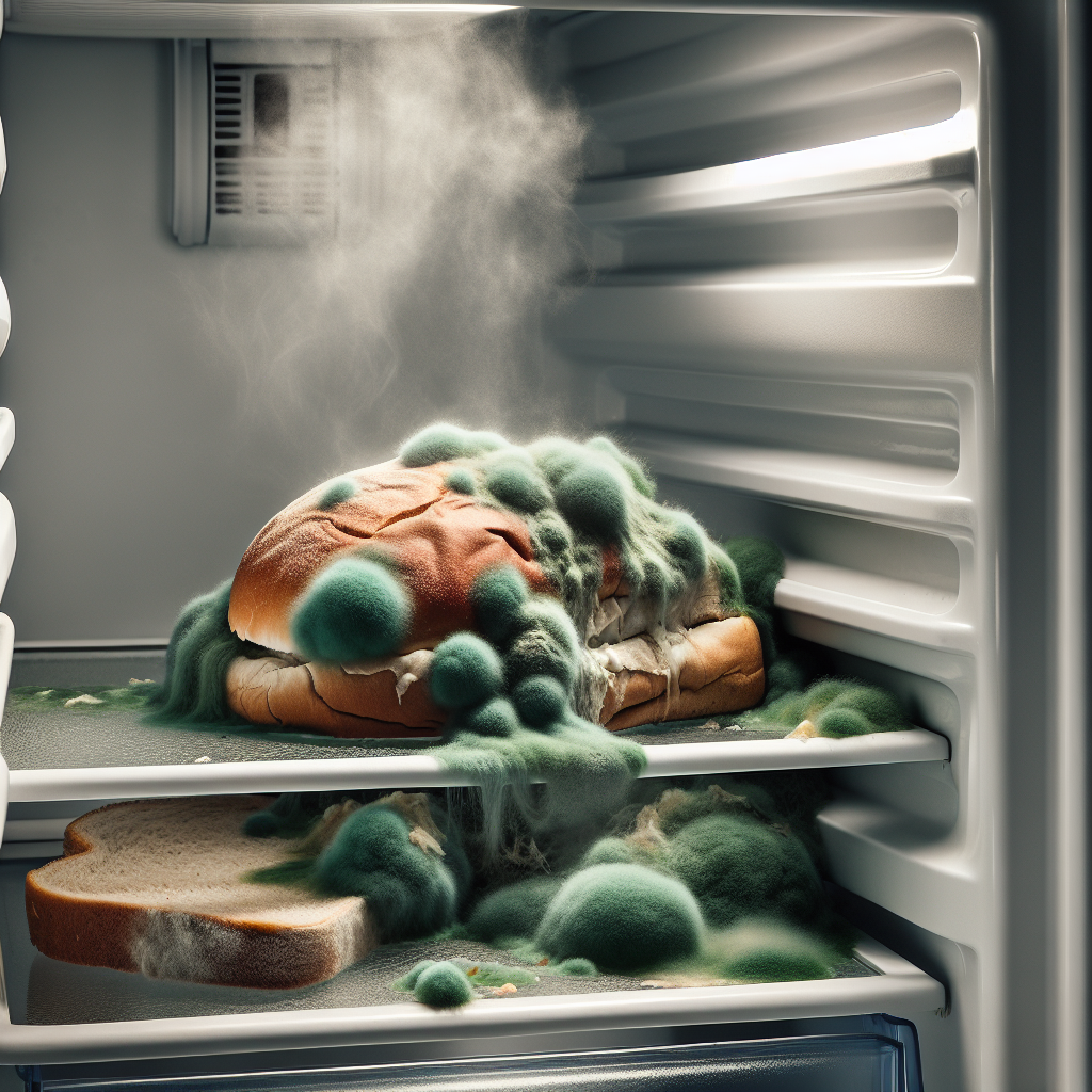 A close-up inside a slightly ajar refrigerator, revealing a forgotten, moldy piece of food (e.g., green mold on old bread or spoiled fruit) on a shelf. A subtle, unpleasant greenish-grey vapor or mist seems to emanate from the mold, suggesting a bad smell. The scene should evoke neglect and an unappetizing atmosphere. Realistic photo style.