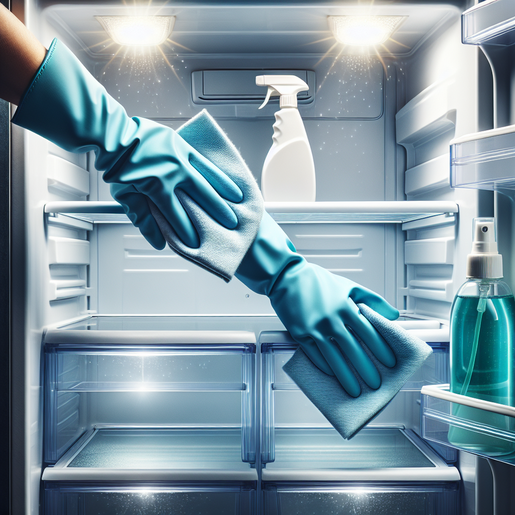 A person's hands, wearing light blue cleaning gloves, meticulously wiping down the sparkling clean interior of an empty refrigerator with a white cloth. A spray bottle with a natural cleaning solution (e.g., vinegar and water) is subtly visible. The shelves are gleaming and the scene conveys freshness and hygiene. Bright, realistic photo style.