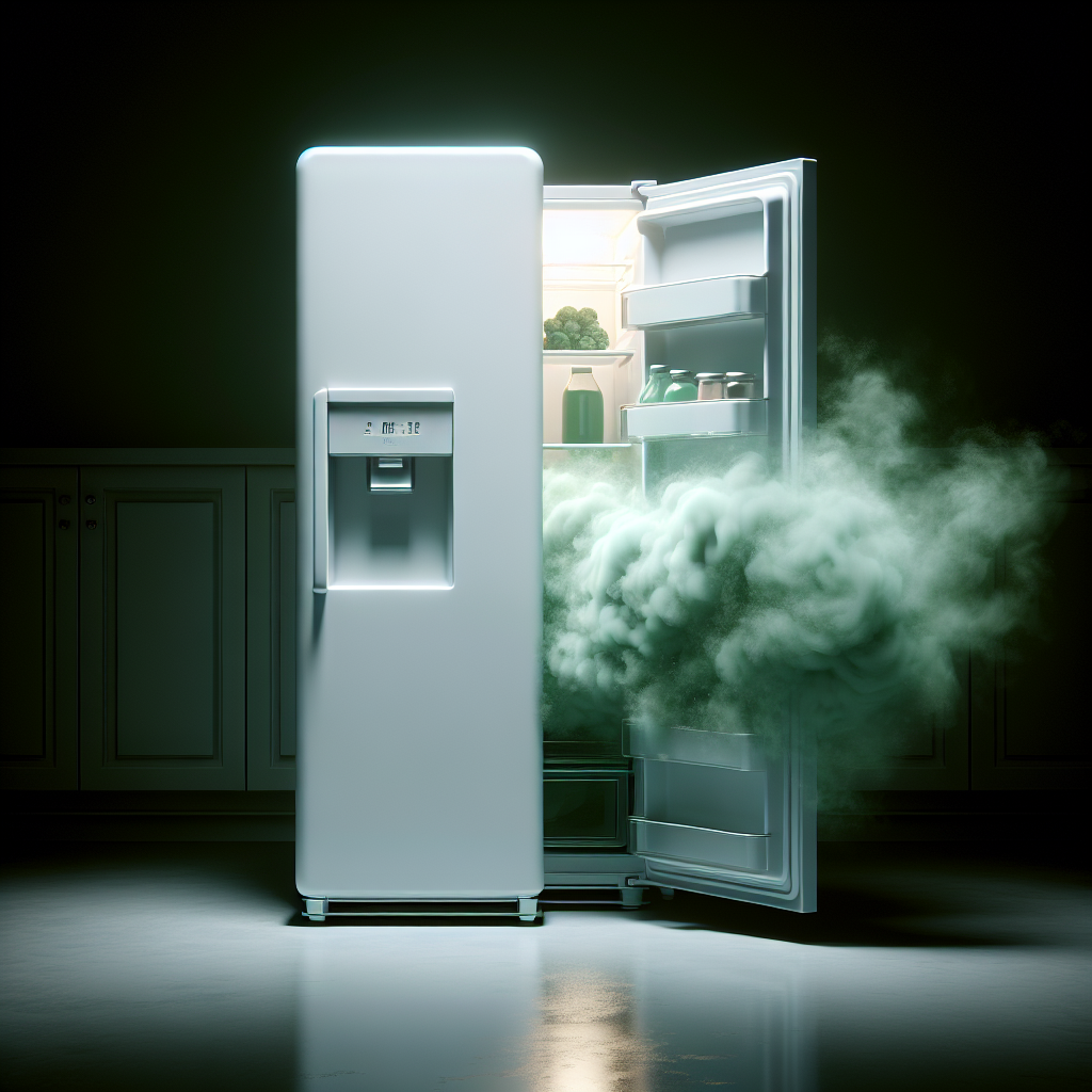 A slightly ajar modern white refrigerator door, with a subtle, light green-grey, misty odor cloud visibly wafting out from inside. The interior is dimly lit, hinting at some blurred, slightly spoiled food items in the background, creating an overall impression of an unpleasant, stale smell and neglect. The mood is slightly problematic and uninviting, photorealistic style.