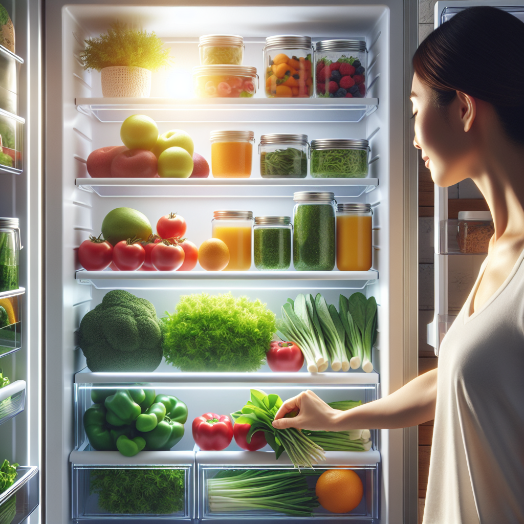 A sparkling clean and well-organized modern refrigerator interior, brightly lit. Fresh, vibrant fruits, vegetables, and neatly arranged food containers are prominently displayed. A clean hand is gently placing a fresh, green herb bunch into one of the shelves, emphasizing freshness, hygiene, and a pleasant, inviting atmosphere. The overall mood is bright, clean, and healthy, photorealistic style.