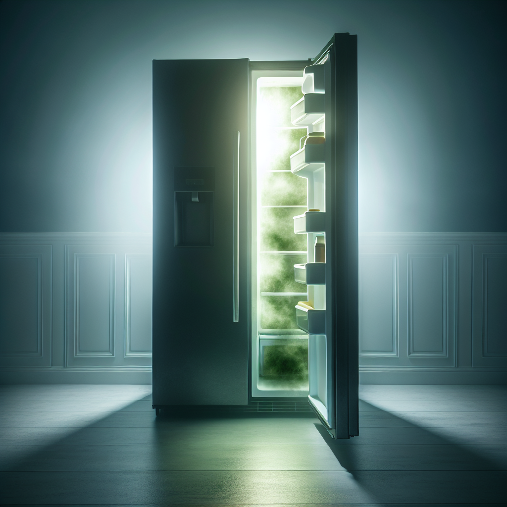 A modern, slightly opened refrigerator door, revealing a dimly lit interior with a subtle, ethereal greenish mist or faint dark aura emanating from within, symbolizing an unpleasant, moldy smell. The focus is on the atmospheric feeling of something being 'off' and stale, rather than visible dirt. Professional, clean style photography, high contrast.