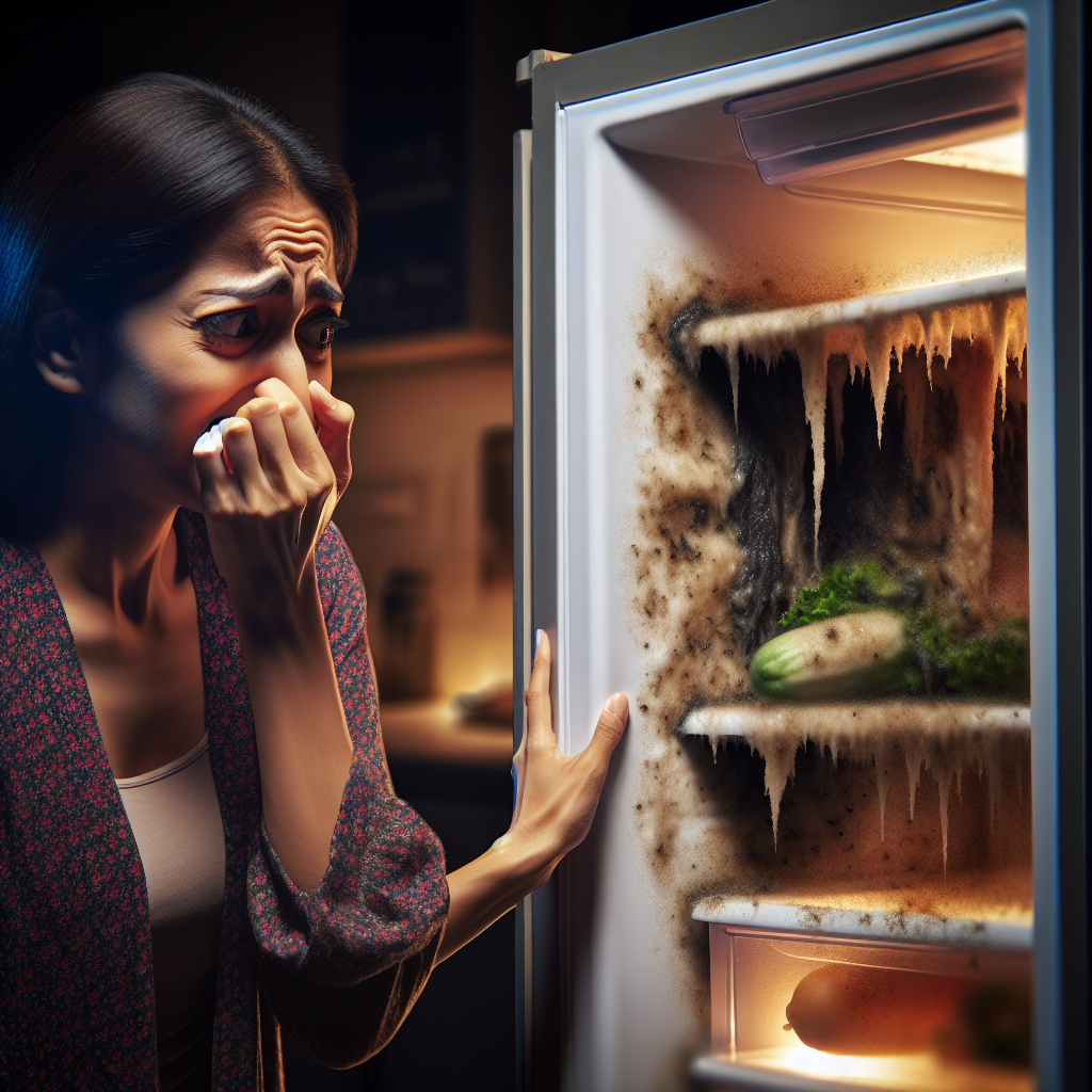 A person recoiling slightly, pinching their nose, from an open refrigerator door. Inside the fridge, a subtle, dark, slightly blurred area hints at forgotten, spoiled food and an unpleasant, musty odor. The overall scene is slightly dim and conveys discomfort. Photorealistic, atmospheric lighting.