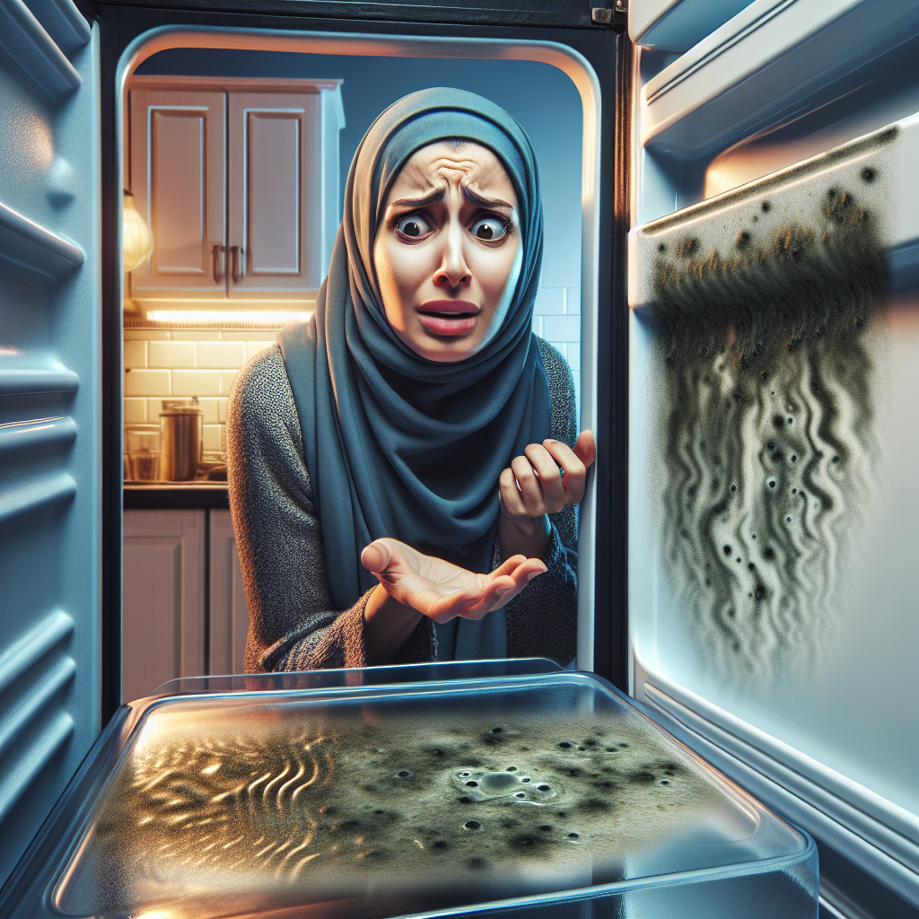 A person with a frustrated expression peering into an open refrigerator, from which a faint, wavy, slightly greenish-grey unpleasant odor visually wafts out. The fridge interior appears superficially clean, but subtle, hidden dark specks or streaks of mold are barely visible within the rubber door seals and a drain hole in the back. The kitchen background is slightly blurred. Realistic, high detail, natural light, conveying a sense of persistent, unseen problem.