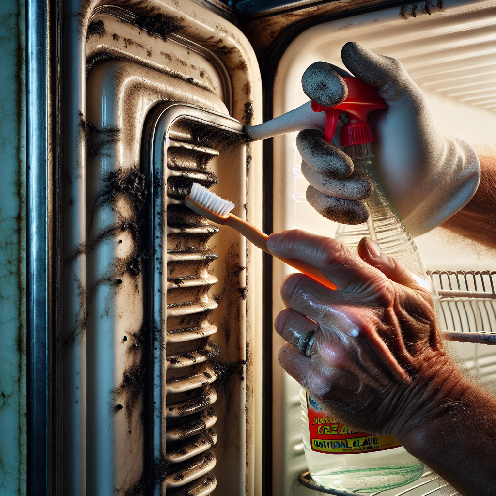 A close-up, dynamic shot of hands meticulously cleaning the inside of an older refrigerator. One hand holds an old toothbrush, actively scrubbing the intricate folds of the rubber door gasket, dislodging tiny, dark specks of mold. The other hand holds a clear spray bottle labeled 'Natural Cleaner' or similar, implying a natural solution. The surrounding fridge interior is already sparkling clean, highlighting the contrast with the detailed cleaning of the hidden grime in the seals. Bright, clean aesthetic, natural light, focus on action and detail.