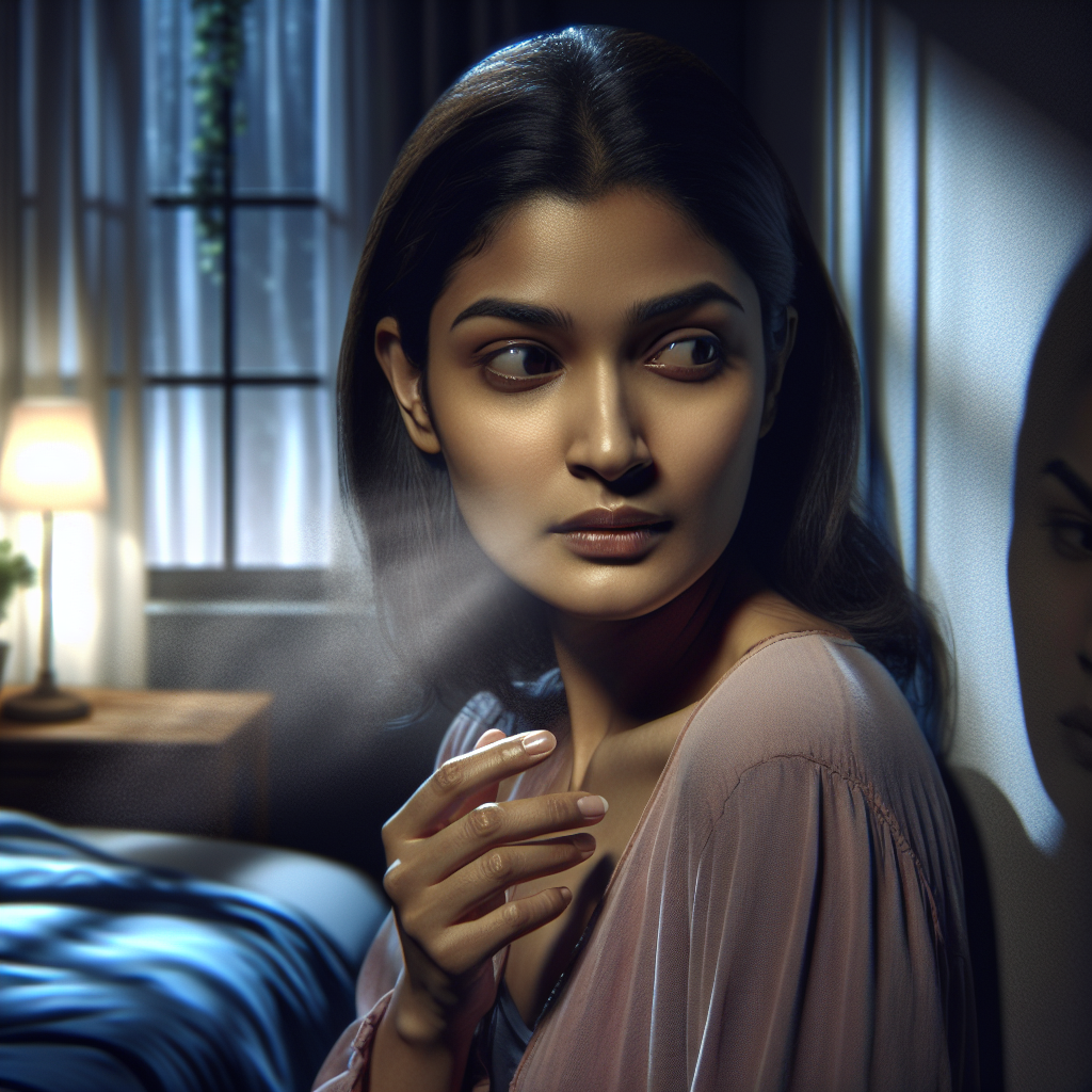 A person with a subtle, concerned expression sniffing the air in a slightly dim bedroom. In the background, there's a hint of condensation on a window and a shadowy corner behind a bed, suggesting an unseen problem of dampness and mold smell. Realistic, atmospheric lighting.