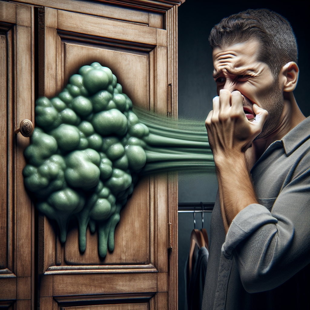 A slightly ajar vintage wooden wardrobe door, with a stylized, unpleasant greenish-grey cloud of moldy odor visibly wafting out. In the background, a person is recoiling with a disgusted expression, pinching their nose. Realistic, focus on the unpleasantness of the smell.