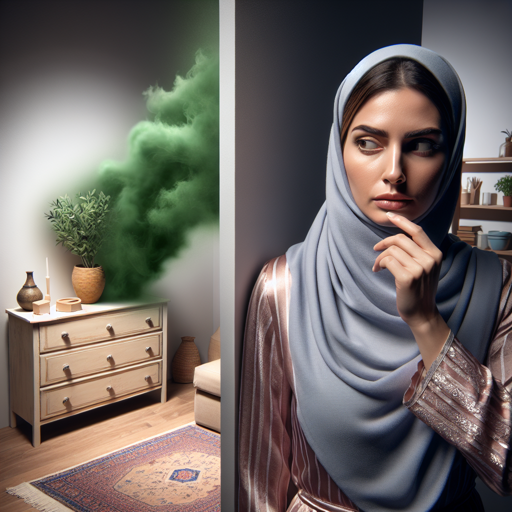 A subtle yet strong musty, damp, and earthy smell is visually represented as a faint, greenish-brown vapor subtly swirling from a hidden corner behind a piece of furniture in a room. A person stands nearby, slightly wrinkling their nose with a concerned expression, indicating they sense the unpleasant odor. The room appears generally tidy but has a slightly stale atmosphere, with muted lighting creating a sense of a hidden issue. The focus is on the invisible smell becoming almost tangible, realistic photography style.