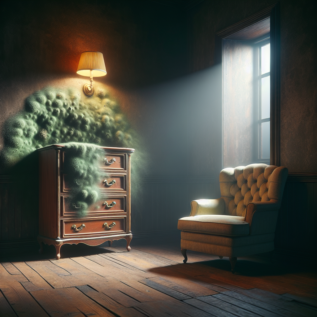 An atmospheric, slightly melancholic interior shot of a room corner. A subtle, misty, greenish-brown 'muffig' odor visually emanates from behind a piece of furniture, like a vintage wooden dresser or a fabric armchair, suggesting a hidden problem. The air in the room feels heavy and damp, with muted light. The focus is on the visual representation of an unpleasant, unseen smell, not explicit mold. Detailed, realistic, cinematic.