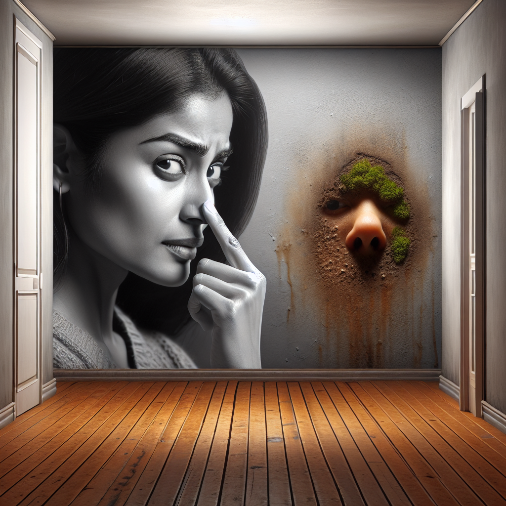 A close-up of a person subtly wrinkling their nose, indicating an unpleasant musty, earthy smell, in a slightly dimly lit room. The background shows a hint of a damp spot or discolored patch on a wall or behind furniture, suggesting a hidden mold source. The atmosphere is slightly stale and muted, conveying a sense of discomfort. Realistic photo.