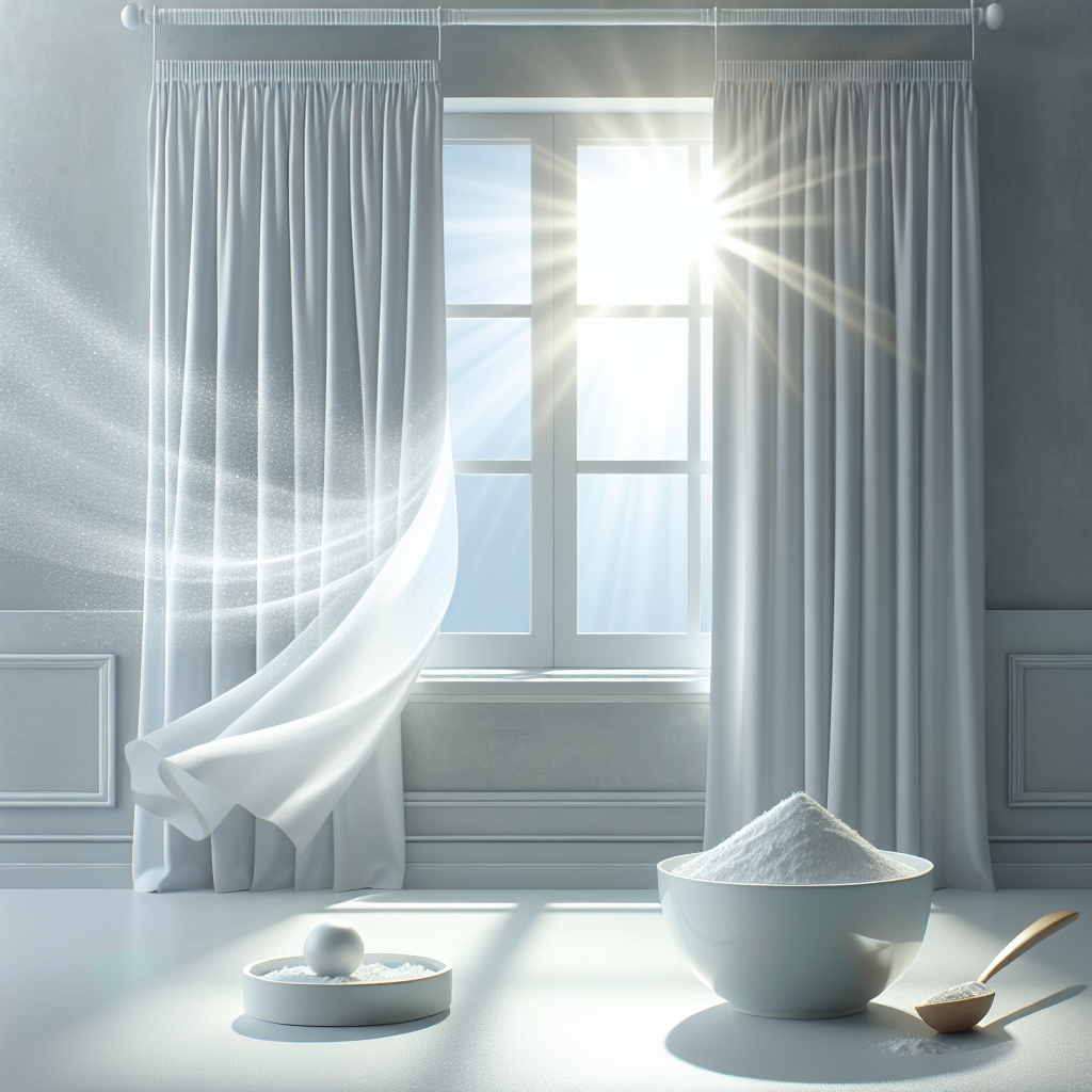 A bright, clean room filled with natural sunlight streaming through a wide-open window. Crisp, white curtains gently billow in a fresh breeze. On a clean, light-colored surface, there's a bowl of baking soda or activated charcoal, symbolizing odor neutralization. The overall scene evokes a feeling of freshness, cleanliness, and renewed air quality. Realistic, inviting photo.