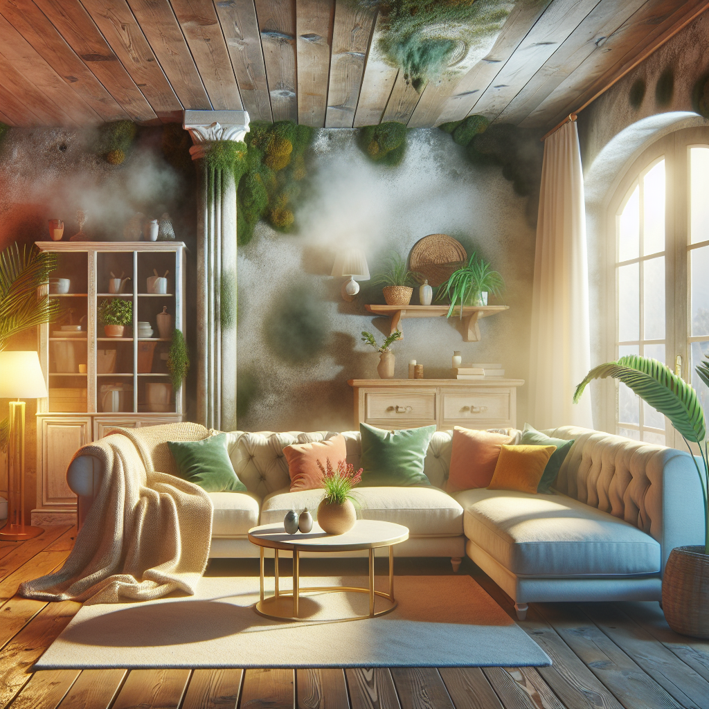A beautifully decorated, cozy holiday apartment living room with sunlight, but with subtle, visible green-grey wisps of unpleasant, musty mold smell subtly emanating from a hidden corner. The atmosphere feels slightly off, hinting at a ruined vacation experience. High detail, realistic.