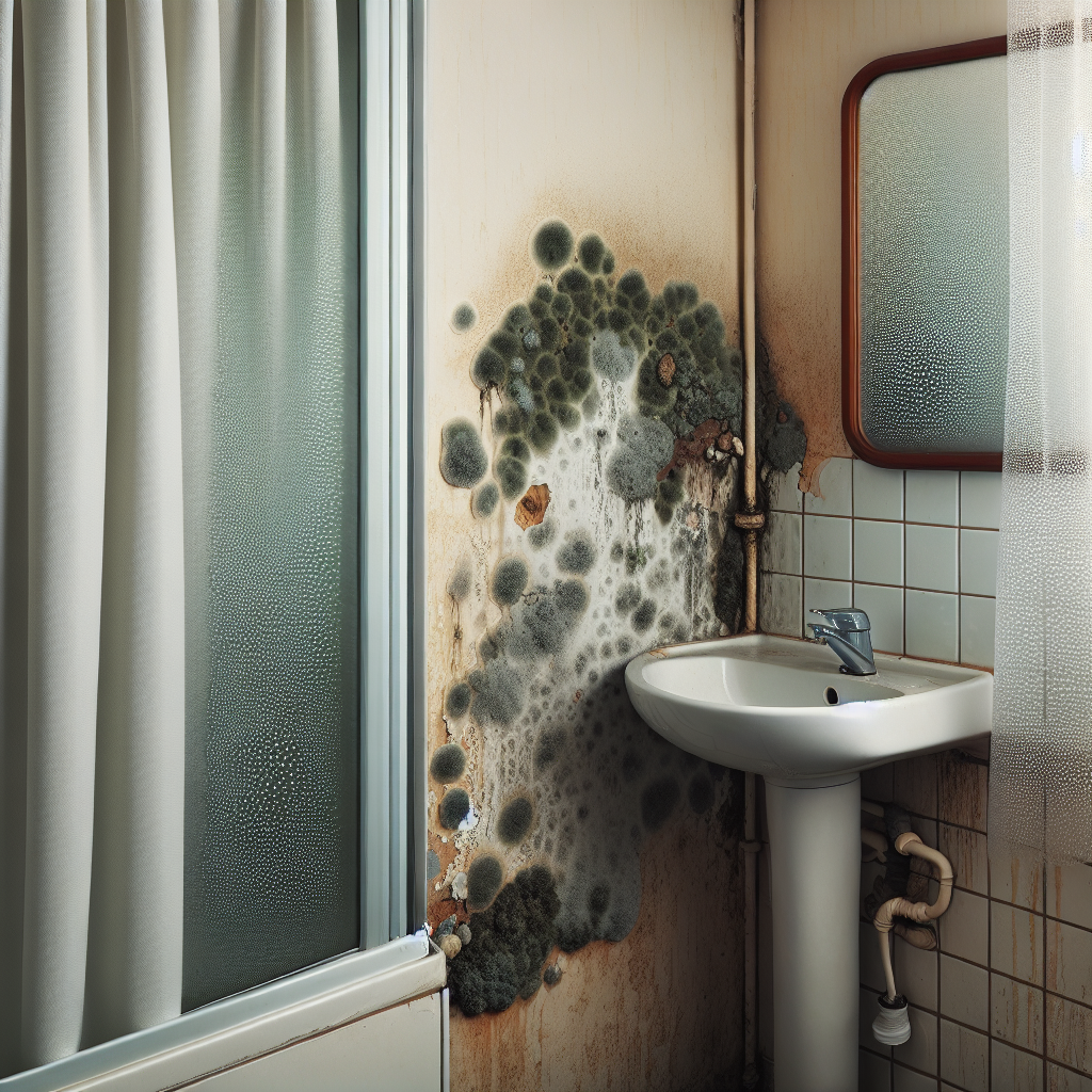 A close-up of a damp, neglected corner in a vacation apartment bathroom or kitchen, showing a subtle patch of mold on a wall behind a shower curtain or sink. Condensation beads on a window or mirror, illustrating poor ventilation and high humidity. The image should convey a sense of hidden dampness and neglect, with muted colors.