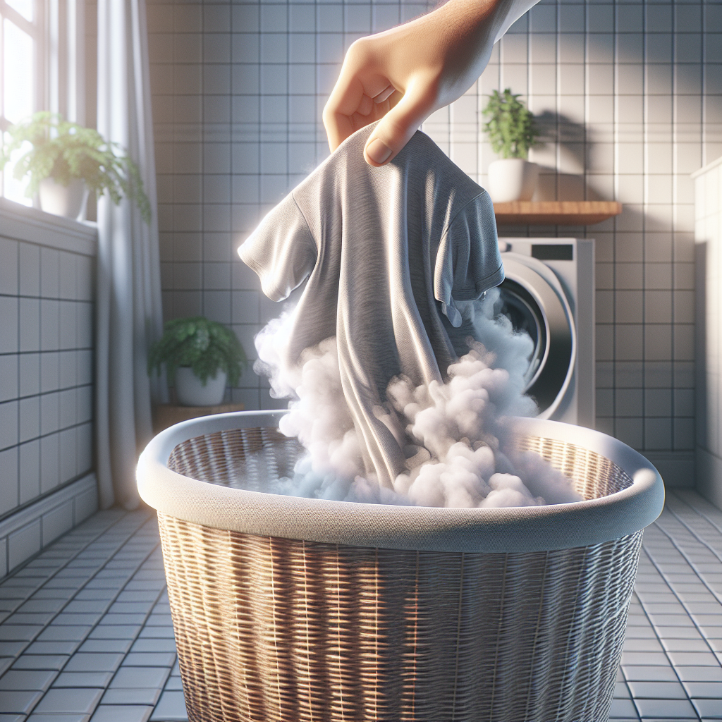A person's hand reaches into a laundry basket, pulling out a soft, wrinkled t-shirt. A subtle, stylized light grey 'musty cloud' visually emanates from the fabric, indicating an unpleasant smell. The background is a clean, modern bathroom or laundry room, with natural light. Photorealistic style, conveying a sense of mild frustration or discovery.