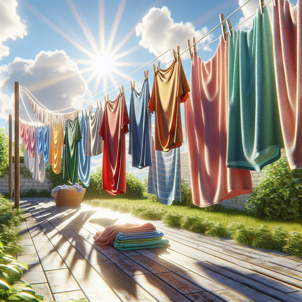 Vibrant, clean laundry, including various colored t-shirts and towels, gently swaying on an outdoor clothesline under a bright, warm sun. The sun's rays highlight the freshness of the fabric, and a light breeze subtly rustles the clothes. A blurred background of green trees or a clear blue sky evokes a sense of natural drying and purity. Photorealistic, bright and airy feel.