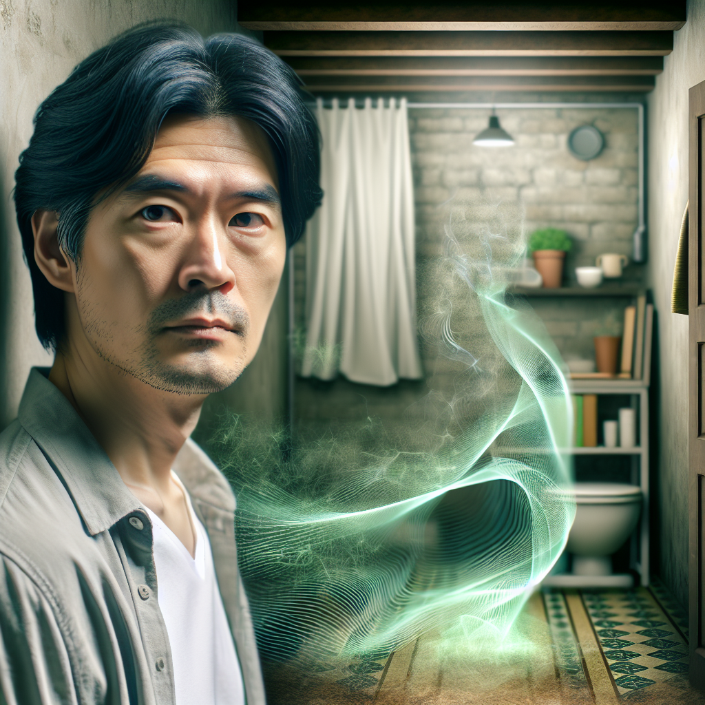 A person in a home, their expression subtly registering an unpleasant, musty smell. Faint, ethereal green-grey wavy lines emanate from a hidden corner of the room, symbolizing the mold odor. The room has a slightly damp atmosphere, perhaps a basement or bathroom. Photorealistic, soft natural light.