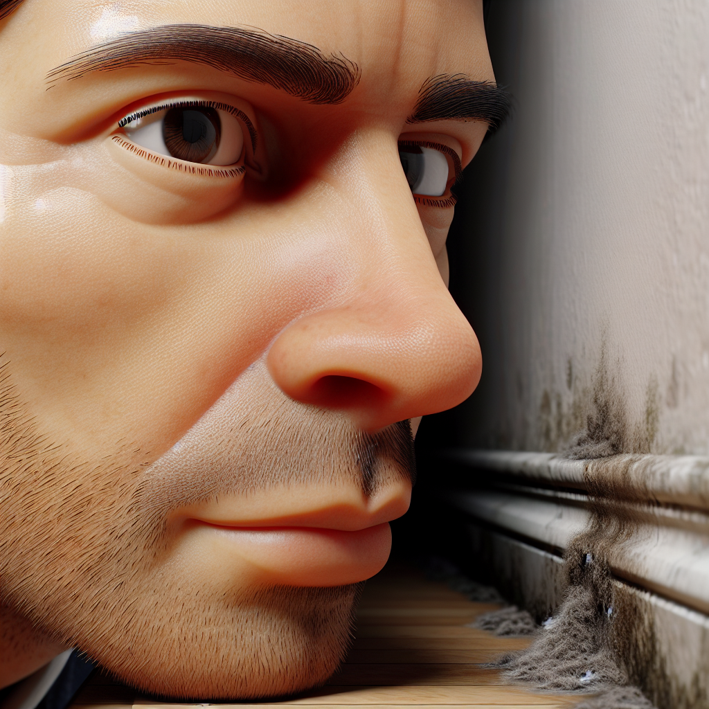 A close-up shot of a person's face, focusing on their nose and mouth, eyes slightly narrowed in deep concentration, as if trying to locate a subtle, hidden smell. The background is a blurred, slightly damp corner of a room, suggesting a wall and floor junction. The image conveys the act of carefully sensing and investigating a potential mold source with one's own senses. Photorealistic, quiet investigative atmosphere.