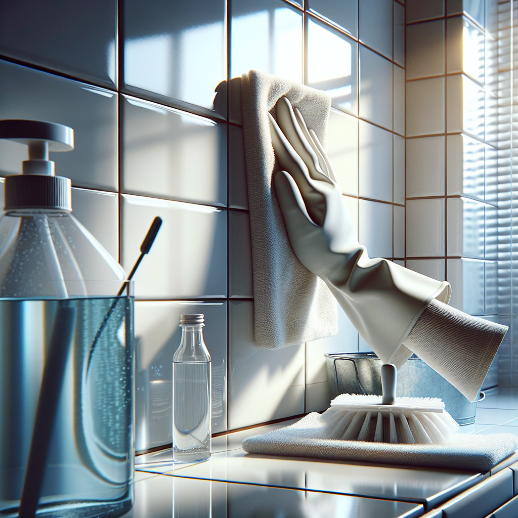 A close-up shot of a hand wearing a glove, wiping down a tiled bathroom wall or window frame with a damp cloth. A clear bottle of white household vinegar and a small bucket with a solution are visible on a nearby clean surface. The scene is bright, with natural light, emphasizing cleanliness and a fresh atmosphere. Realistic photograph.