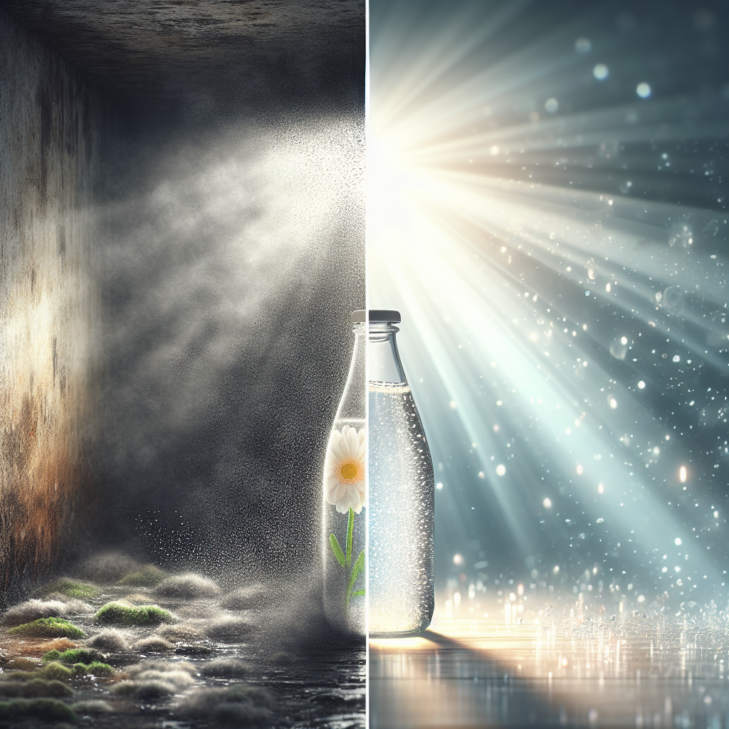 A stylized, conceptual image depicting the transformation from a musty, damp atmosphere to freshness. On one side, a subtle, slightly darkened and textured background hinting at a 'moldy' smell. On the other side, a clear bottle of white household vinegar surrounded by sparkling clean air and a gentle ray of sunlight. The overall mood is hopeful and clean, symbolizing a natural solution. Realistic, high-quality photograph.