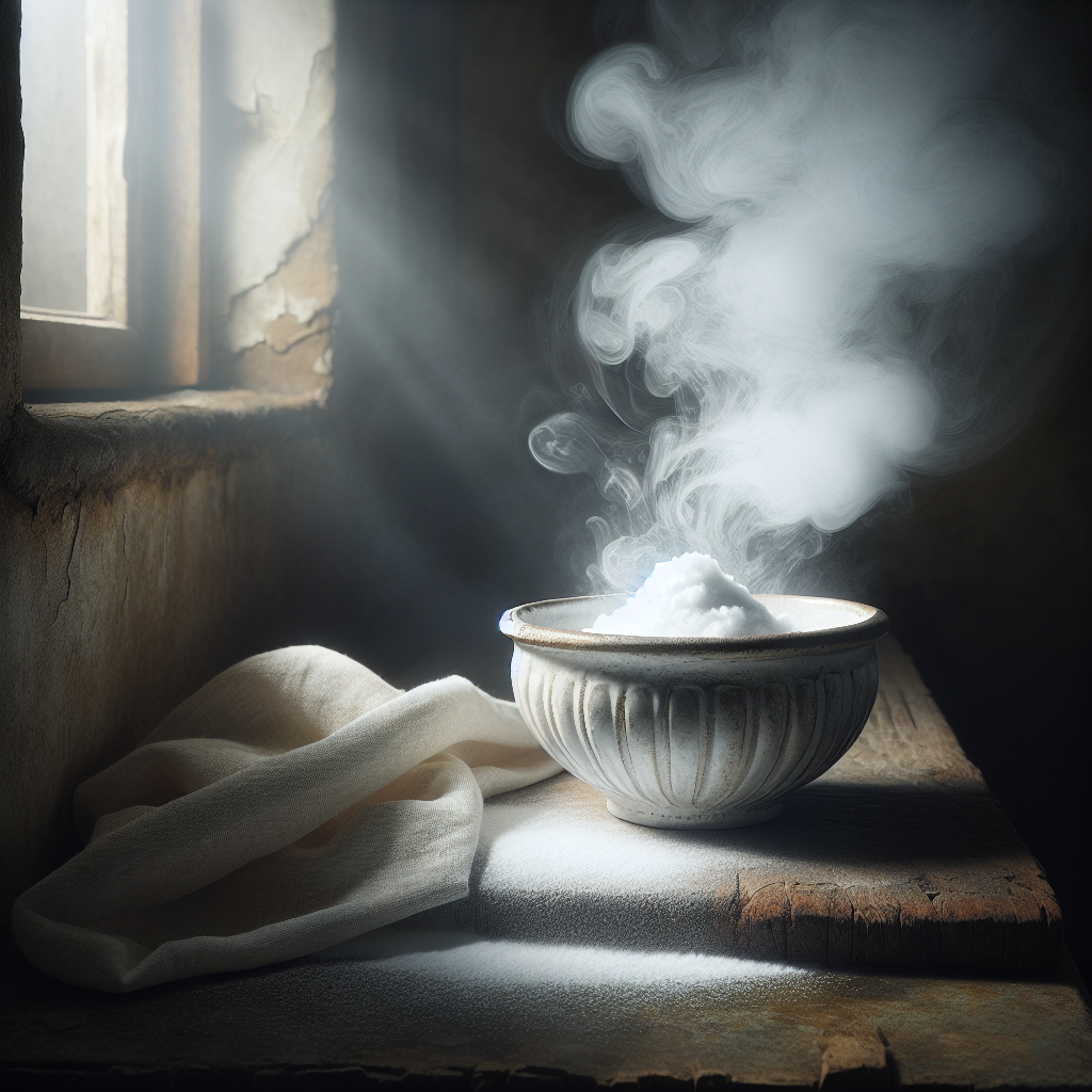 A subtly unsettling image of a damp corner in a room (e.g., a cellar or bathroom), where a faint, unpleasant, swirling grey vapor (representing mold smell) is visible. In the foreground, a small, elegant white ceramic bowl filled with bright, pure baking soda sits, emitting a soft, clean light that gently pushes back the grey vapor. The overall mood should be one of transition from unpleasantness to hopeful freshness. Realistic photography style, soft natural light.