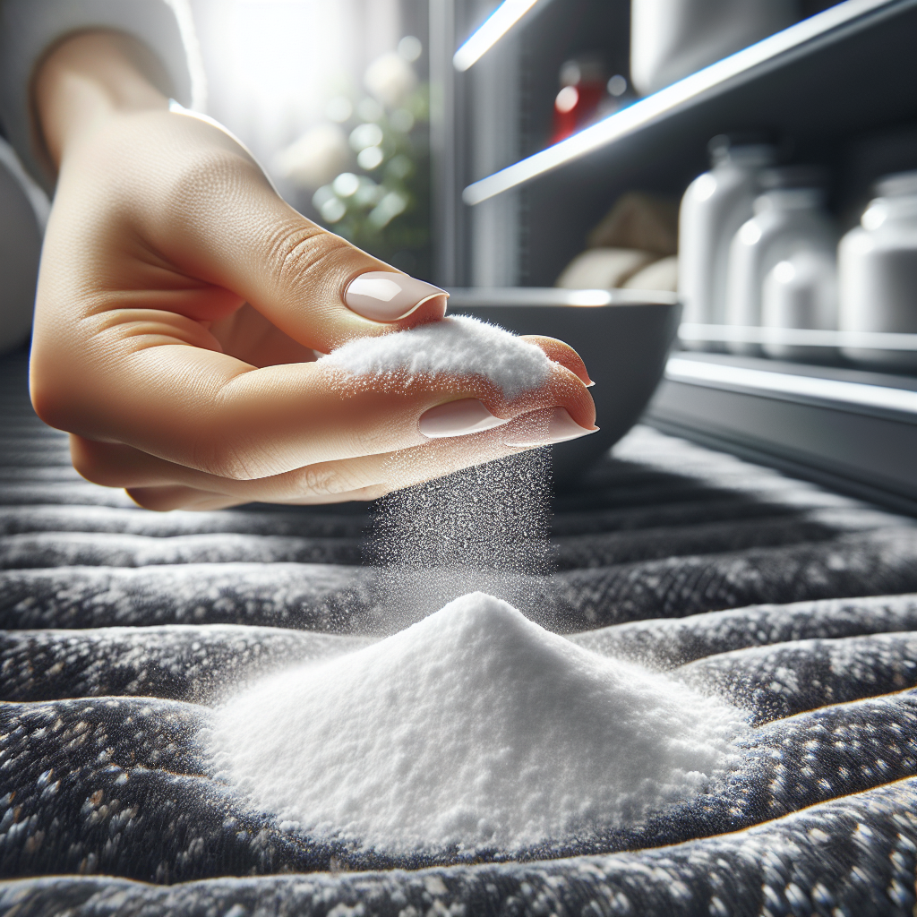 A close-up, bright and clean shot of a hand gently sprinkling white baking soda powder onto a dark, textured fabric (like a rug or upholstery) or into a bowl placed inside a cabinet/refrigerator. A subtle, transparent wave of freshness or clean air emanates from the baking soda, symbolizing the odor neutralization. The background is slightly blurred, hinting at a tidy home environment. Bright, modern, clean aesthetic. Studio lighting, high-detail macro photography.