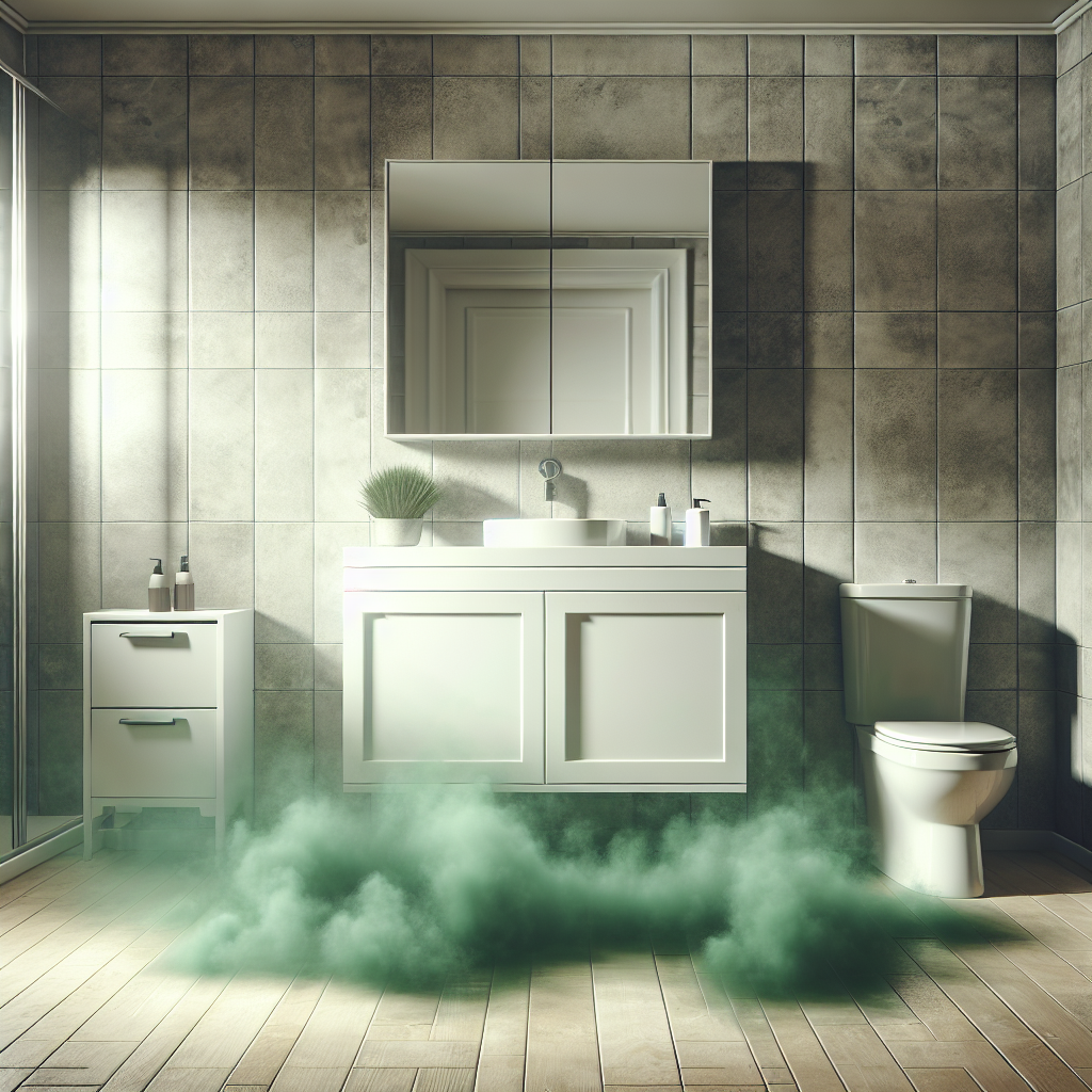 A clean, modern bathroom or room, recently cleaned and appearing spotless, but a subtle, greenish-brown, slightly translucent mist or haze visually represents a lingering, unpleasant musty mold smell emanating from a corner or wall, indicating its persistence despite visible cleanliness. The atmosphere is slightly uncomfortable. Photorealistic.