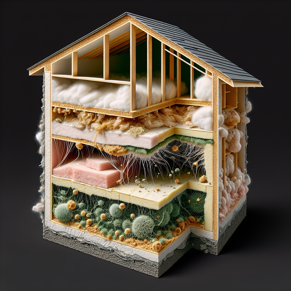 A close-up, cutaway view of a house wall, revealing layers of plaster, insulation, and wooden studs. The outermost surface looks clean, but deep within the porous materials, faint, dark green and brown thread-like structures (representing hidden mold residues and embedded odors) are visible, with a subtle, unpleasant aura emanating from these deeper layers. Microscopic, realistic detail.