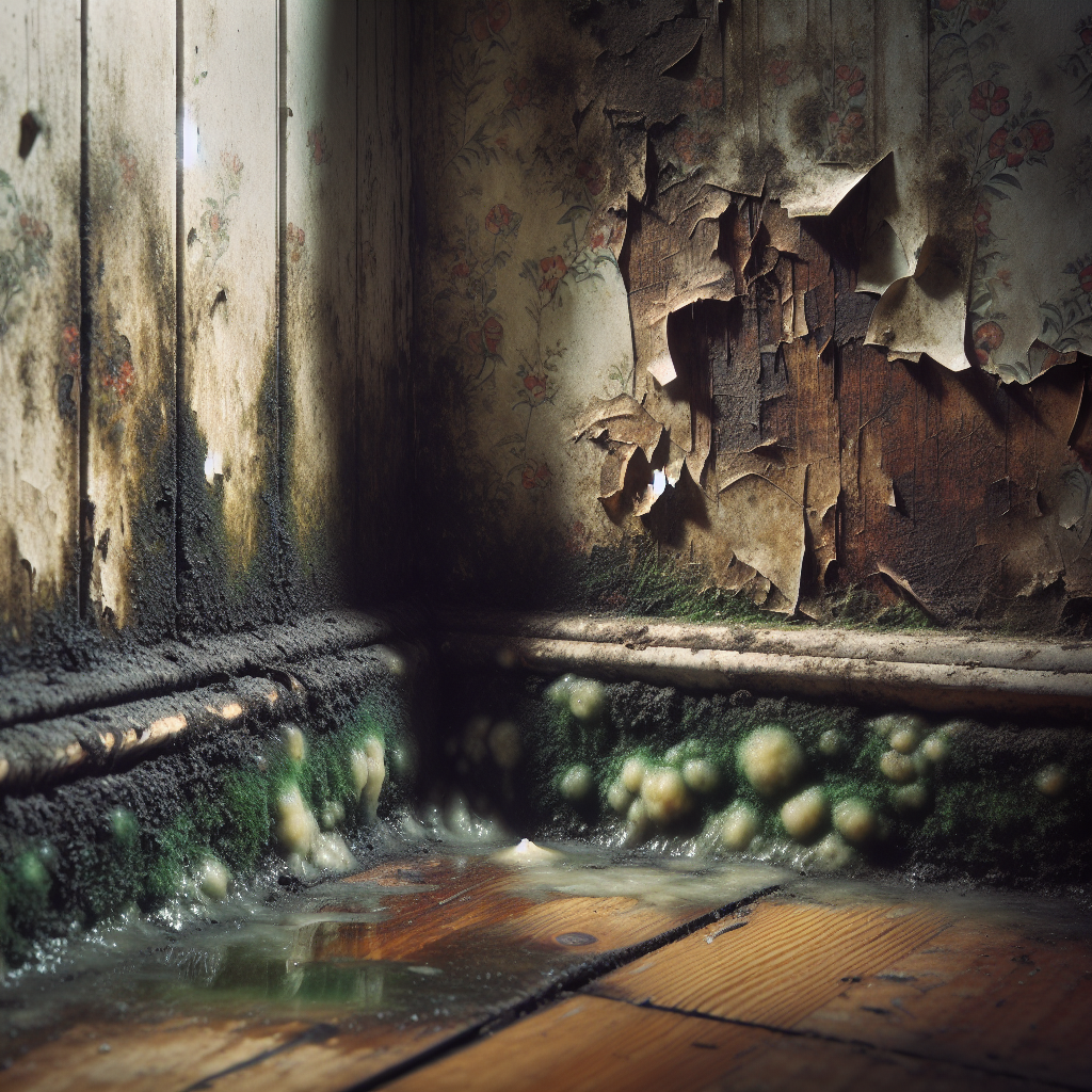 A close-up of a damp, neglected corner in a residential basement. Peeling wallpaper, dark water stains on the wall and a wooden floorboard, with subtle, faint green mold spores visible. A faint, slightly unsettling musty haze subtly suggests an unpleasant odor. Realistic, slightly desaturated colors, highlighting decay.
