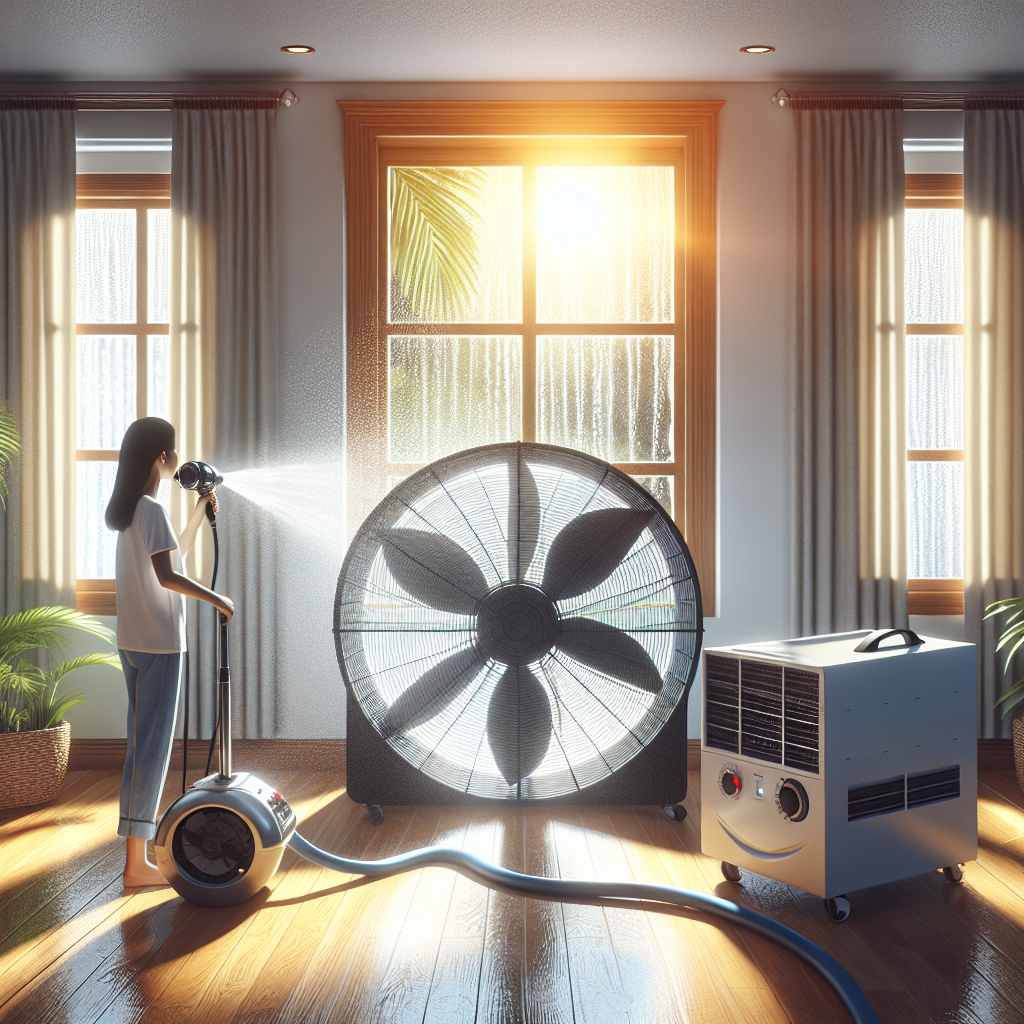 A bright, clean image of a person actively using a powerful industrial fan or a large dehumidifier in a well-ventilated residential room, drying out an area after a water leak. Sunlight streams through an open window, symbolizing fresh air and cleanliness. The scene conveys a sense of effective drying and mold prevention.
