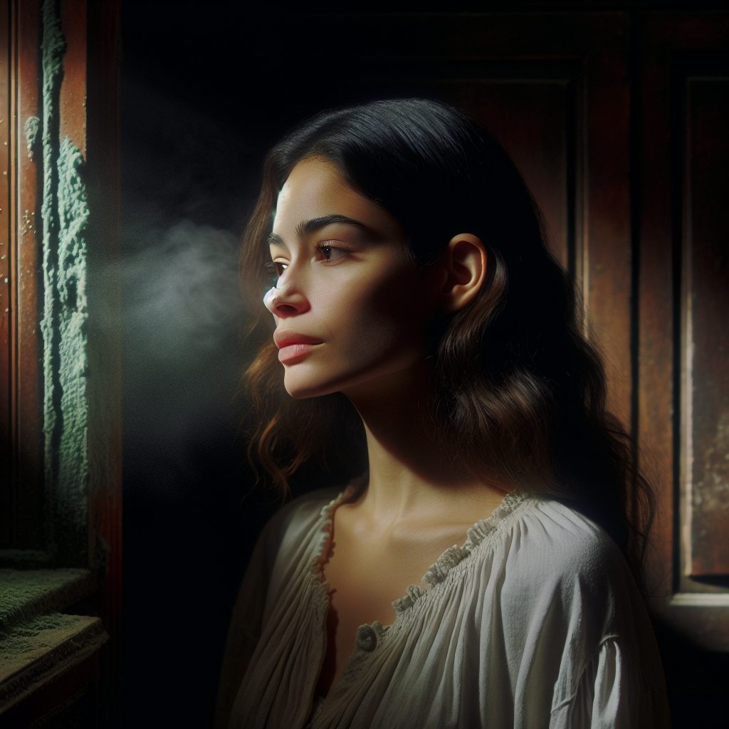 A person, perhaps a young woman, stands thoughtfully in a dimly lit, slightly damp-looking room, subtly sniffing the air with a concerned expression. A faint, almost invisible, musty green haze subtly emanates from a corner or behind a piece of furniture, representing the unseen mold smell. The overall atmosphere is one of unease and a hidden problem. Realistic, atmospheric lighting.