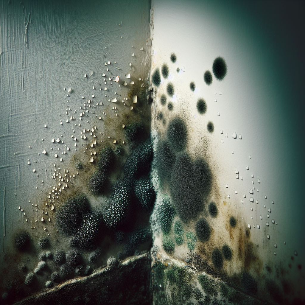 A close-up shot of a damp, interior wall corner in a home, with subtle discoloration and tiny, barely visible dark green or black mold spots starting to form. Tiny water droplets or condensation cling to the surface, emphasizing the moisture. The lighting is diffused and slightly cool, highlighting the hidden source of potential health risks. Realistic, high detail, slightly unsettling.
