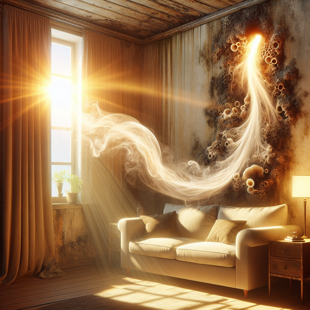 A surreal image of a cozy, sunlit living room. In a subtle, slightly shadowed corner, a small patch of dark mold with organic textures is visible on the wall. From this mold, an ethereal, glowing vapor rises, swirling like fragrant, sweet-smelling perfume or the essence of overripe fruit, creating an unsettling contrast with the comfort of the room. The overall mood is subtly eerie, photorealistic.