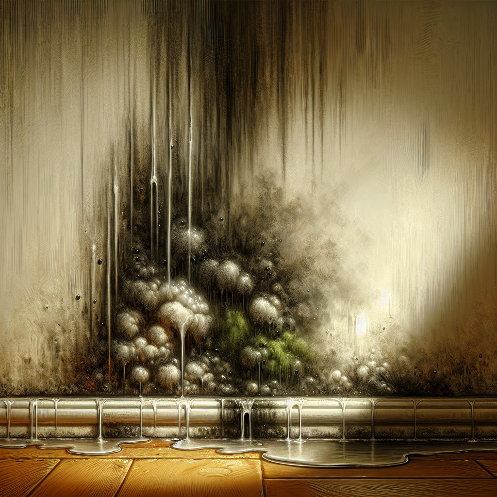 A close-up, atmospheric shot of a damp interior wall corner, showing signs of moisture like condensation droplets and subtly discolored or peeling paint. Partially concealed behind the damaged surface, a patch of greenish-black mold is present. Abstract, wavy lines or a delicate, warm-toned haze emanate from the mold, visually representing a sweet, cloying odor filling the air. The scene should feel slightly ominous and hint at hidden danger, photorealistic.